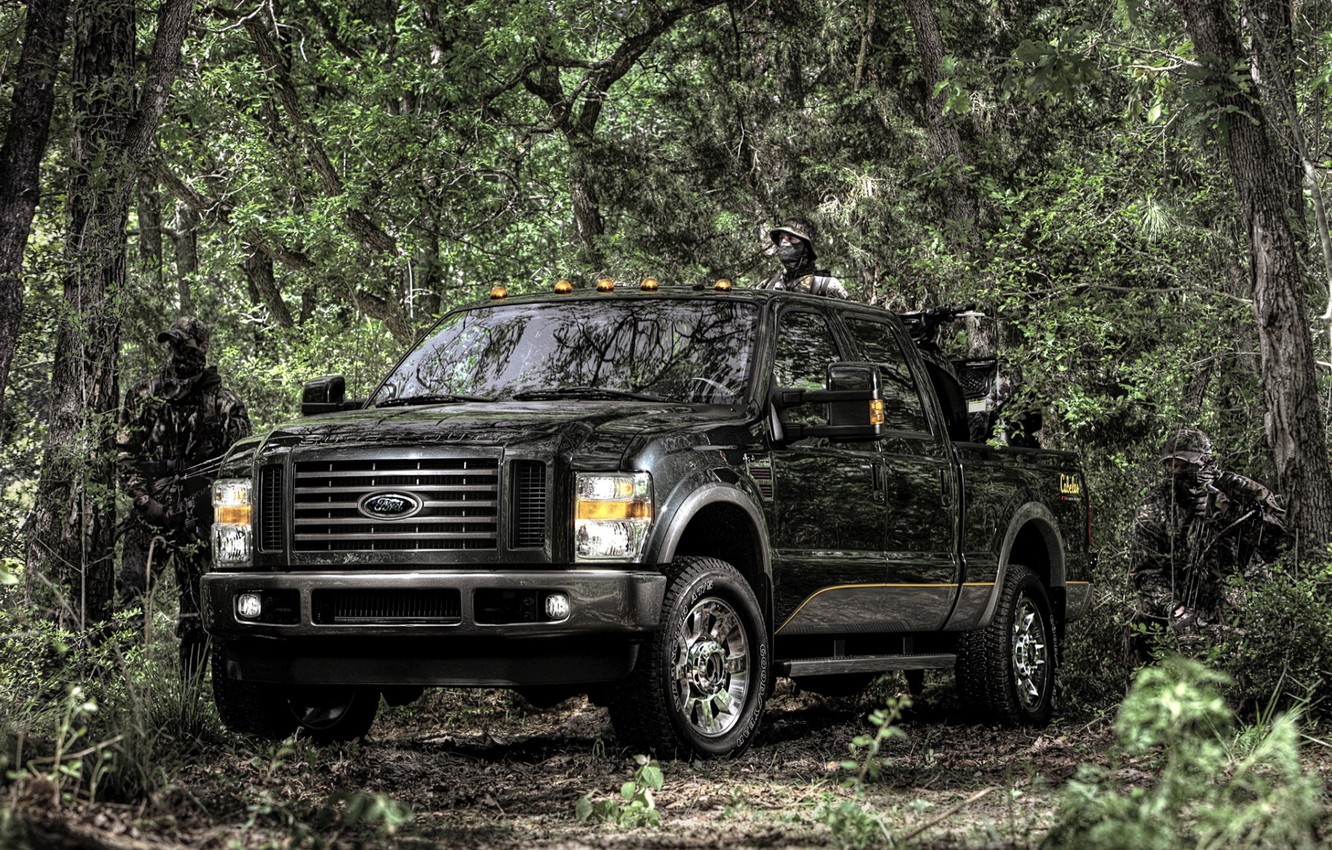 Wallpaper forest, background, people, black, Ford, Ford, jeep, SUV, camouflage, pickup, the front, F- Super Duty, FX4 Edition, Super Duty, Cabela's image for desktop, section ford