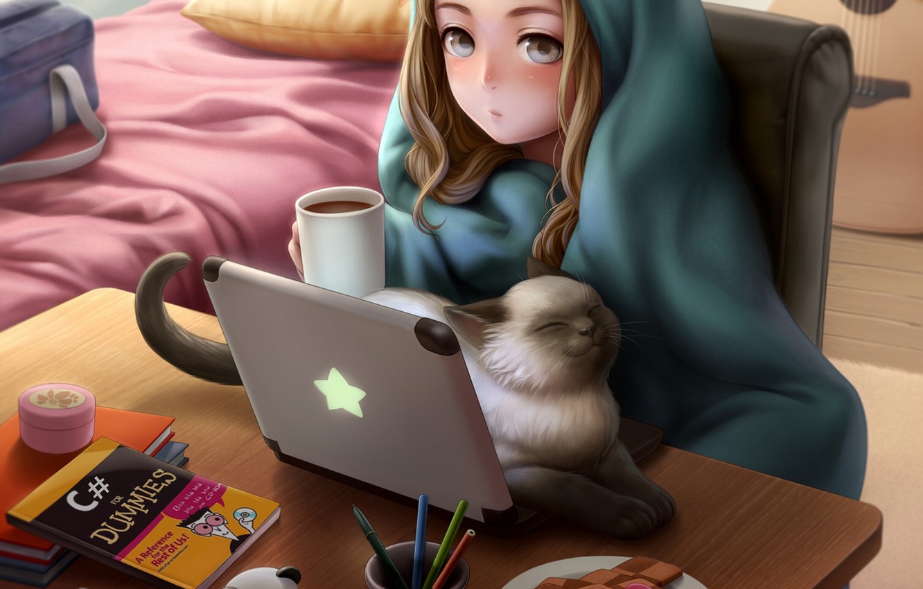 Wallpaper cat, girl, room, anime, art, blanket, laptop, kotikomori image for desktop, section прочее