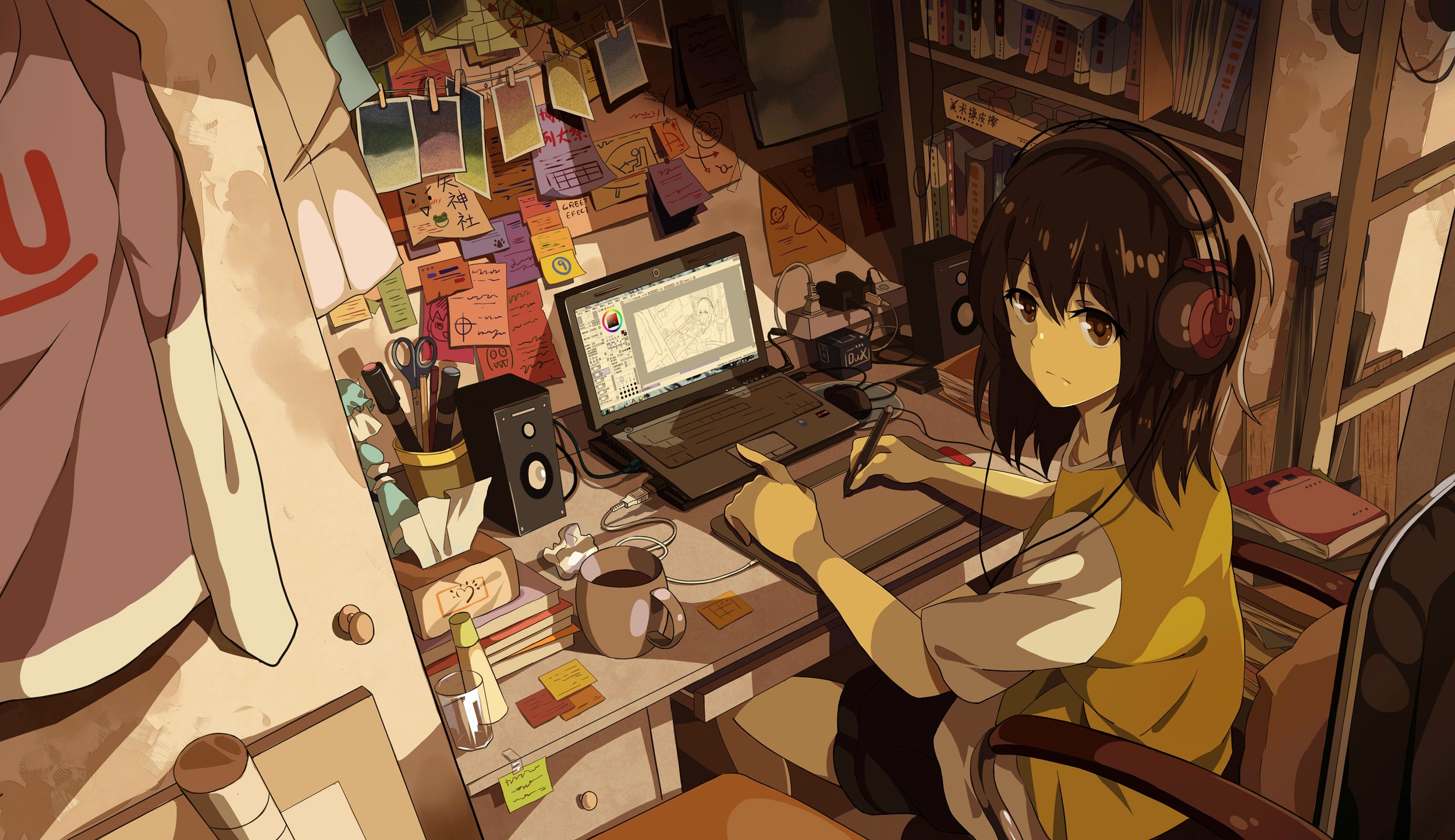 #original characters, #anime girls, #room, #manga, #headphones, #laptop wallpaper. Mocah HD Wallpaper