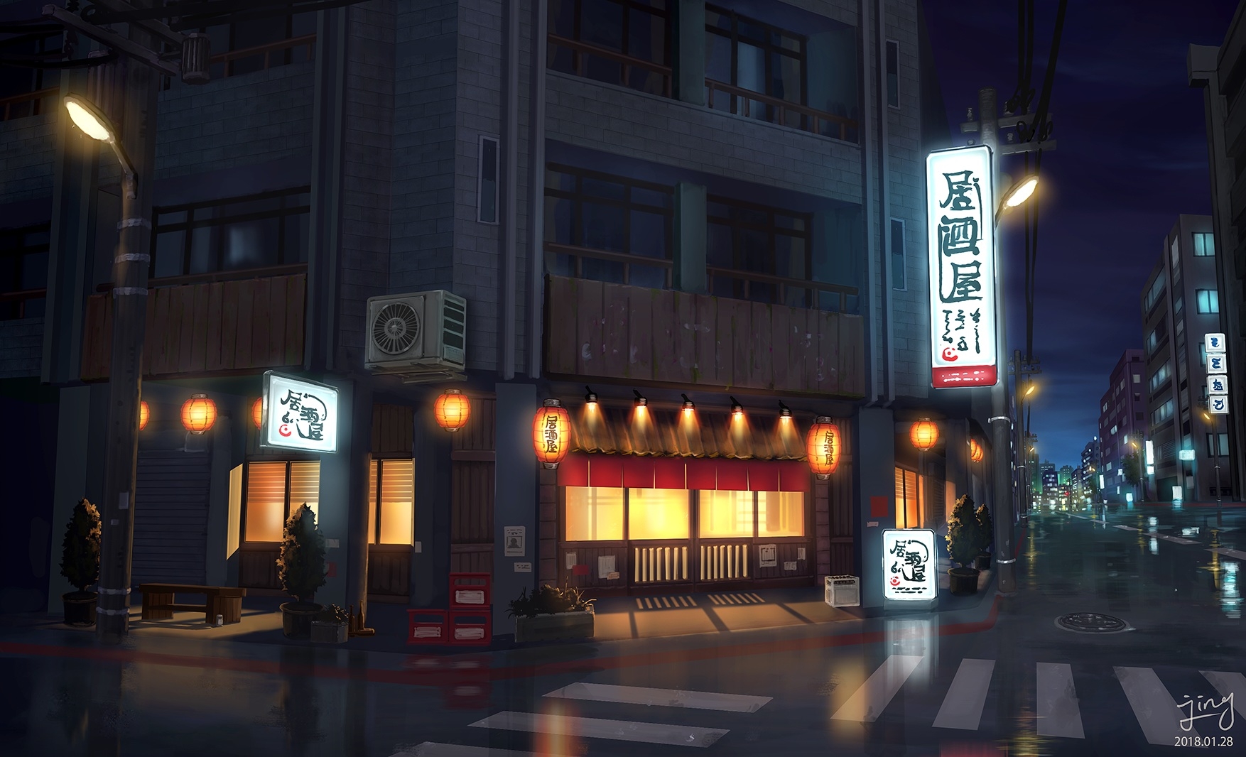 Download 1754x1066 Anime Street, Restaurant, Night, Scenic Wallpaper