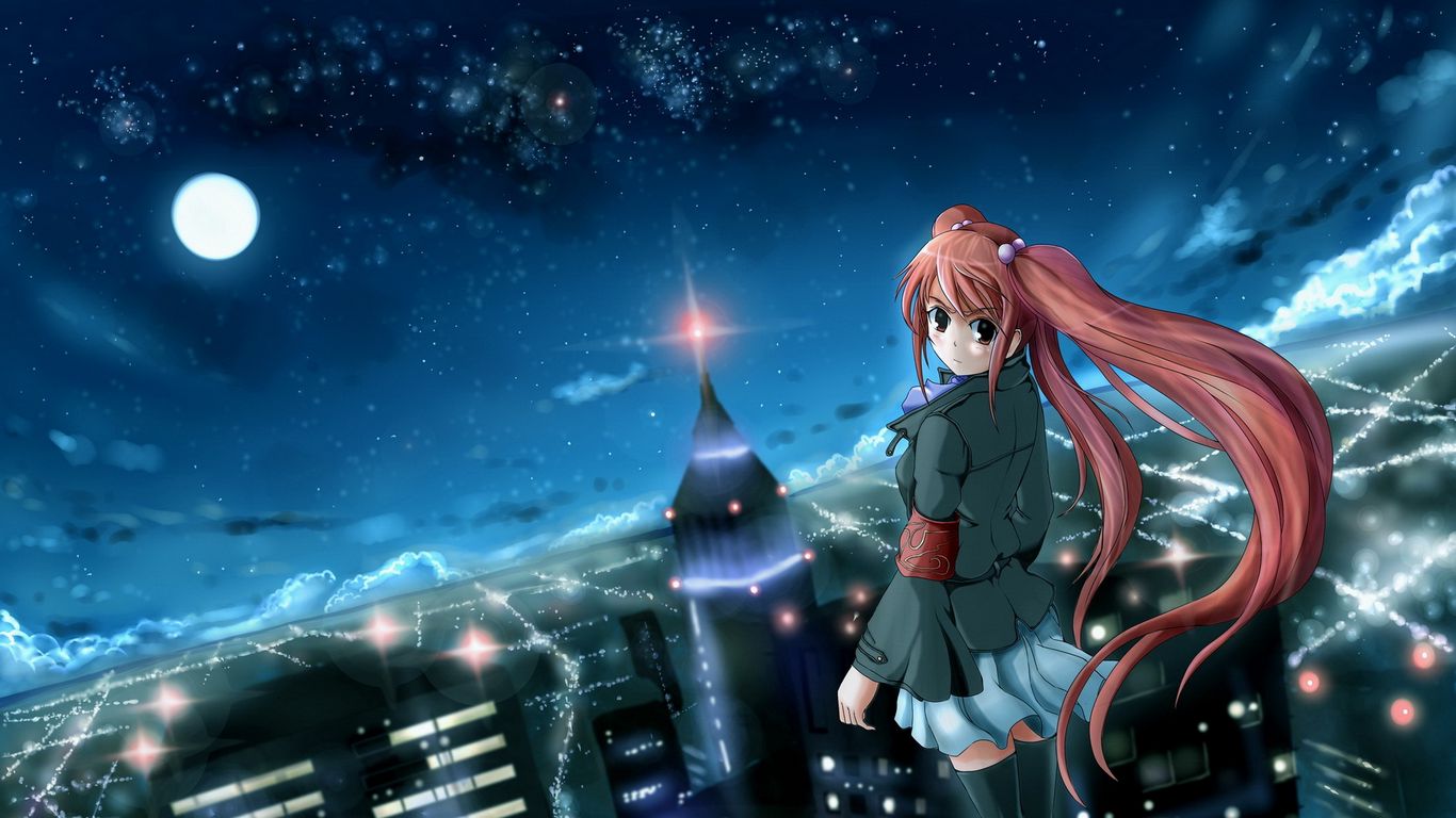 Download wallpaper 1366x768 anime, girl, city, night, wind tablet, laptop HD background
