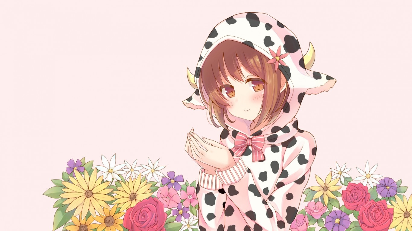 Download 1366x768 Anime Girl, Hoodie, Brown Hair, Cute, Flowers Wallpaper for Laptop, Notebook