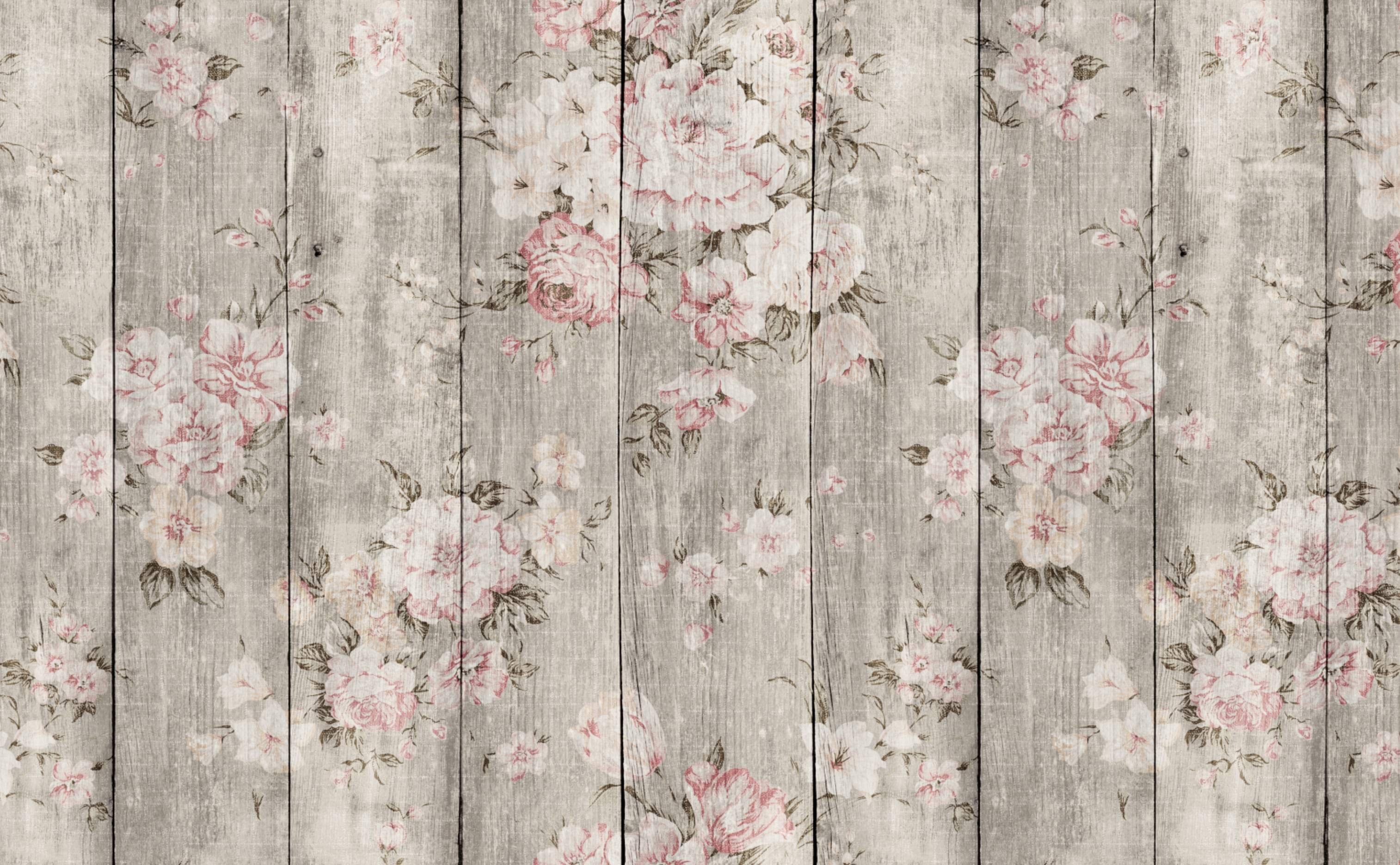 Vintage Boards With Flowers Wallpaper for Walls. Wood Texture Floral