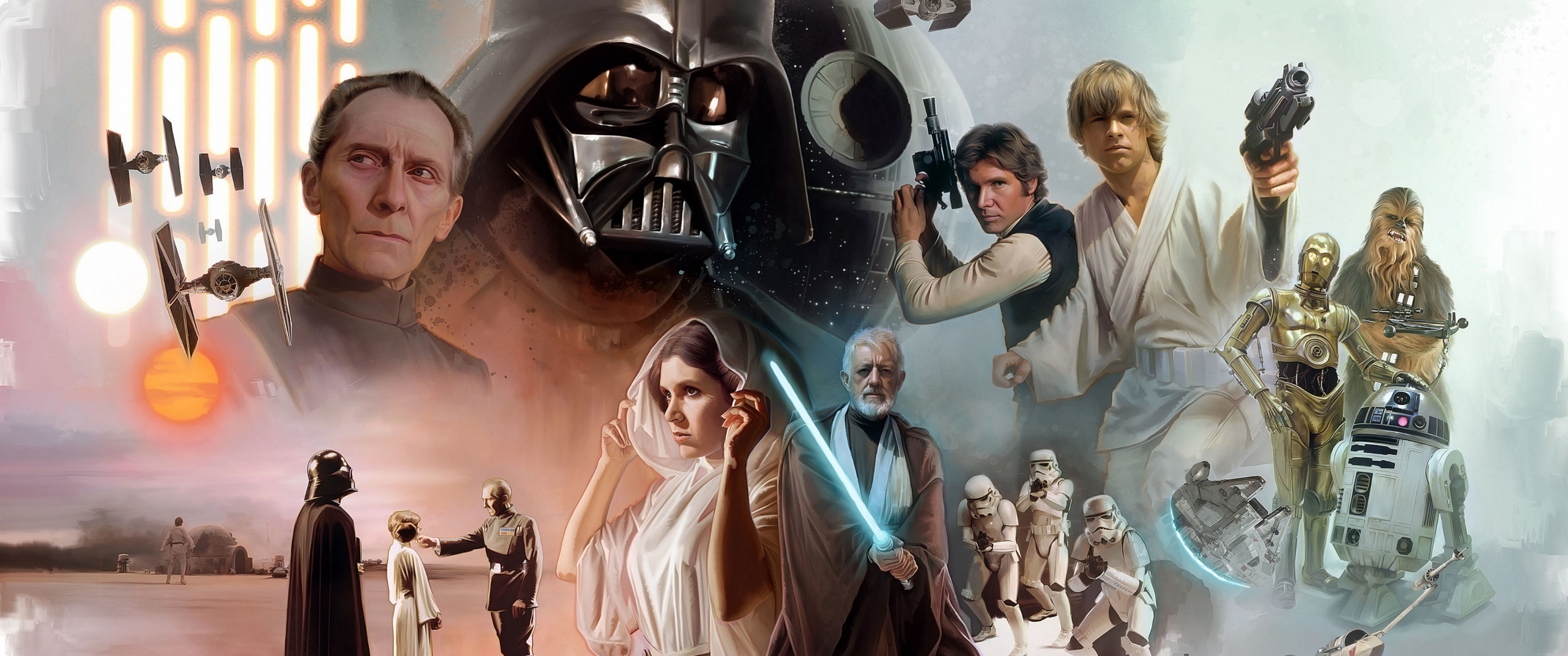 Download 3440x1440 Star Wars, Darth Vader, Luke Skywalker, Stormtrooper, Chewbacca, Artwork Wallpaper