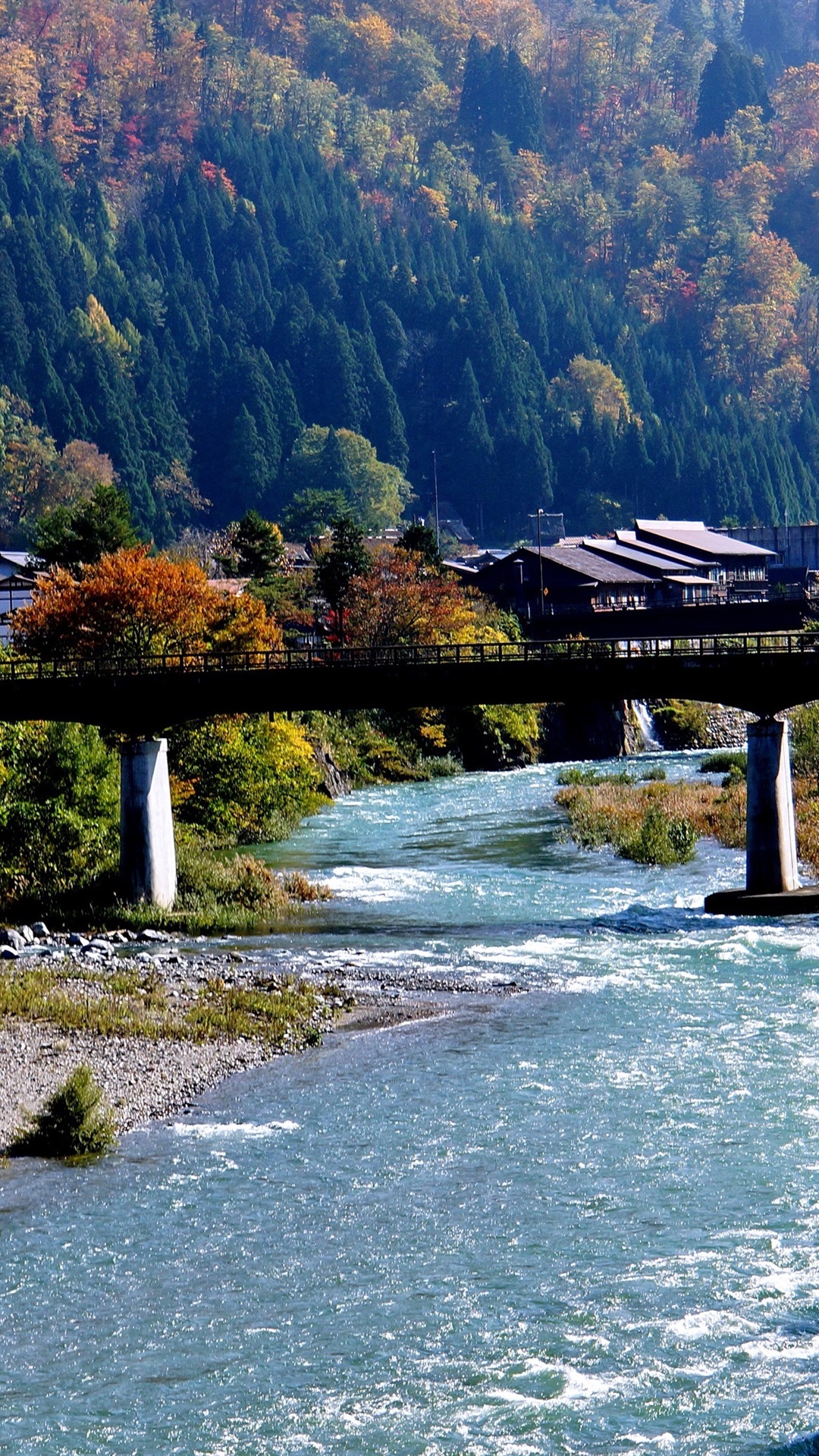 Shirakawa Go, Japan, Village, River, Bridge, Mountain, Trees 1080x1920 IPhone 8 7 6 6S Plus Wallpaper, Background, Picture, Image