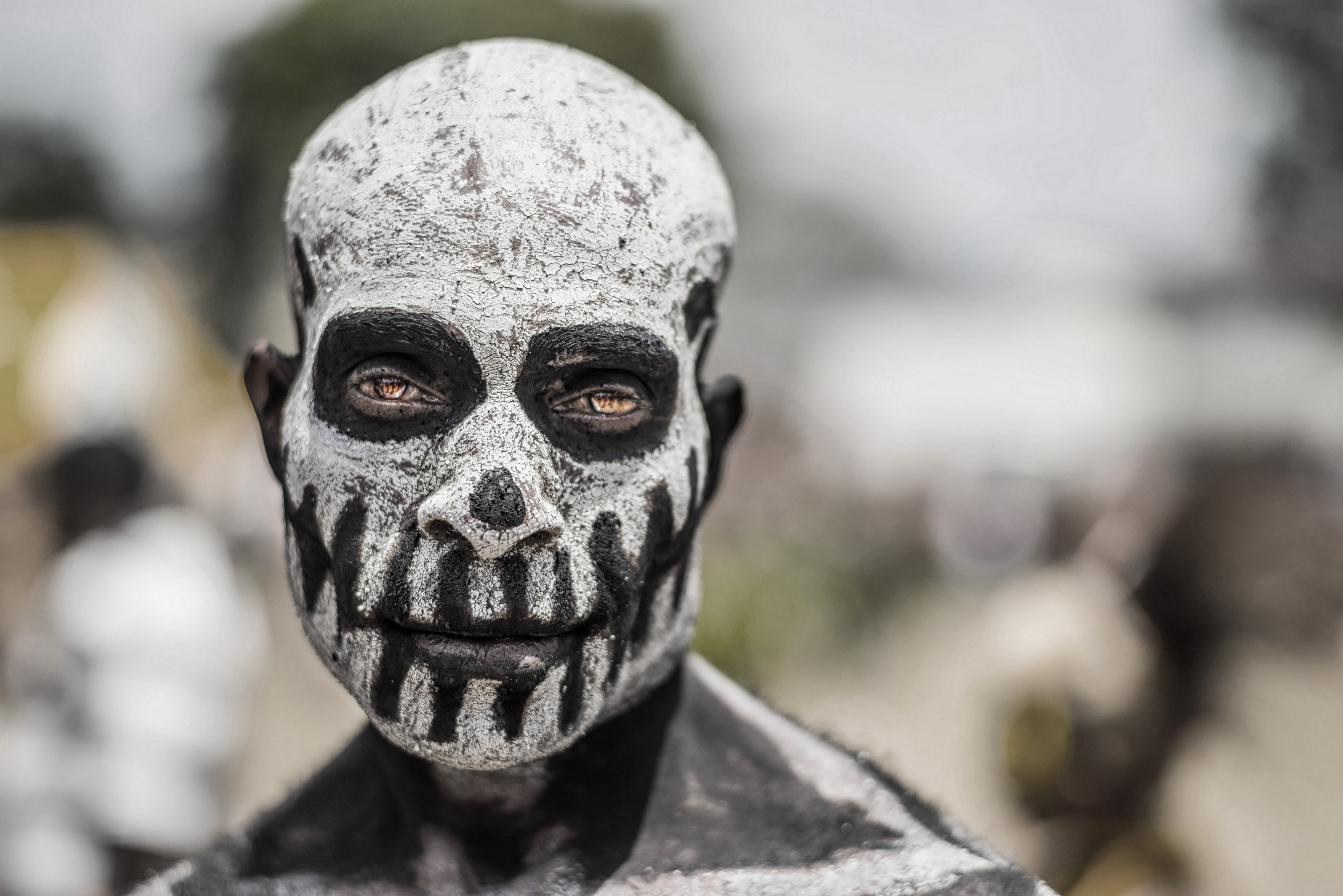 Wallpaper, men, black, body paint, sculpture, statue, skull, African, head, ART, close up, bone 4000x2670