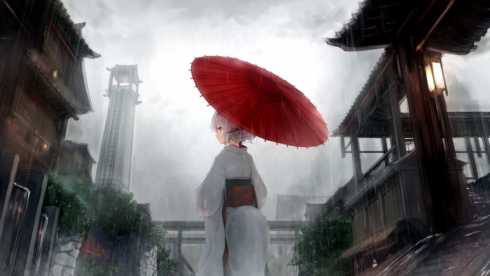 Download 1600x900 Anime Girl, Back View, Kimono, Japanese Village, Raining, Tail Wallpaper