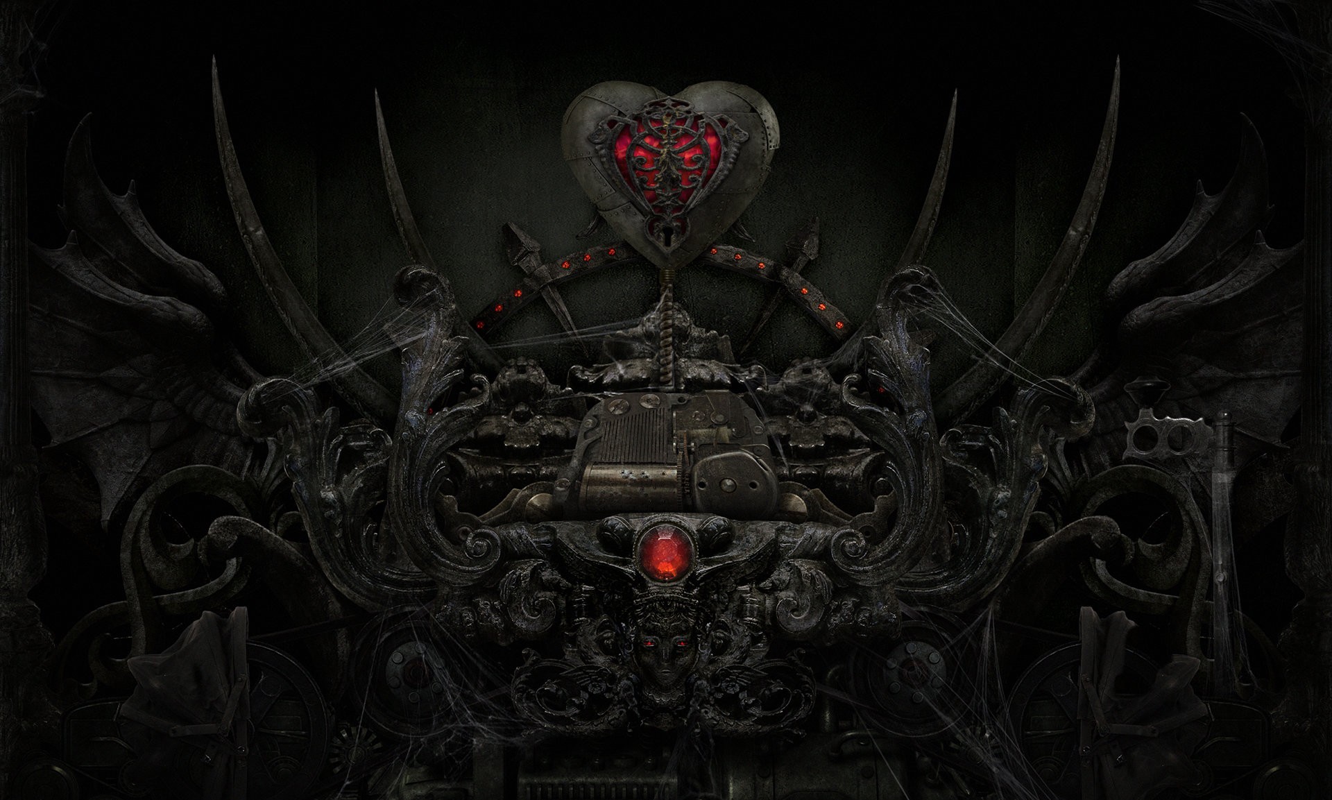 Download wallpaper crystal, metal, the dark background, red, heart, mechanism, web, black, art, section rendering in resolution 1920x1153