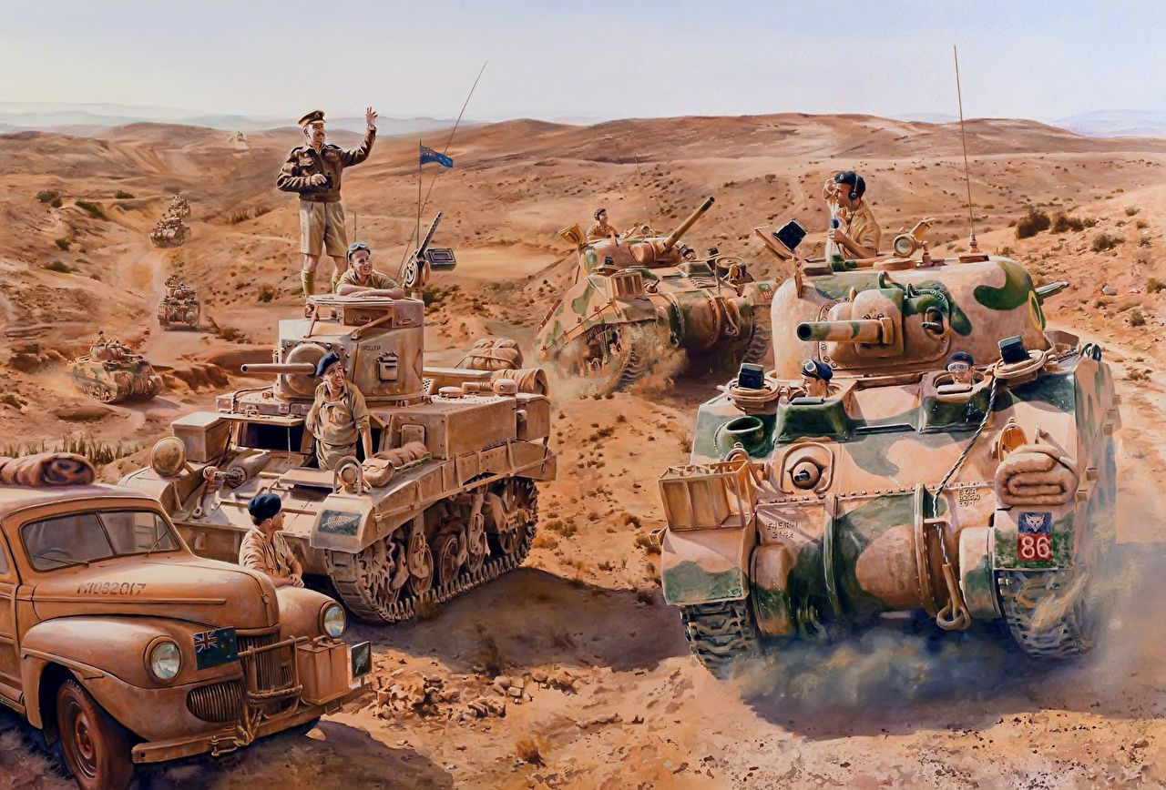 Wallpaper Army Tanks Soldiers Painting Art M4 Sherman. British tank, North africa, Military art