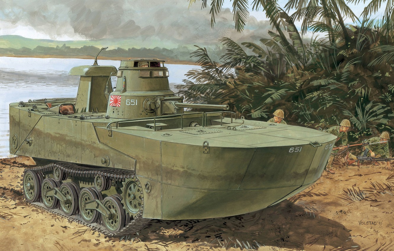 Wallpaper art, Mitsubishi, tank, under, landing, name, Japanese, company, created, amphibian, easy, WW2., infantry, tank, database, floating image for desktop, section оружие