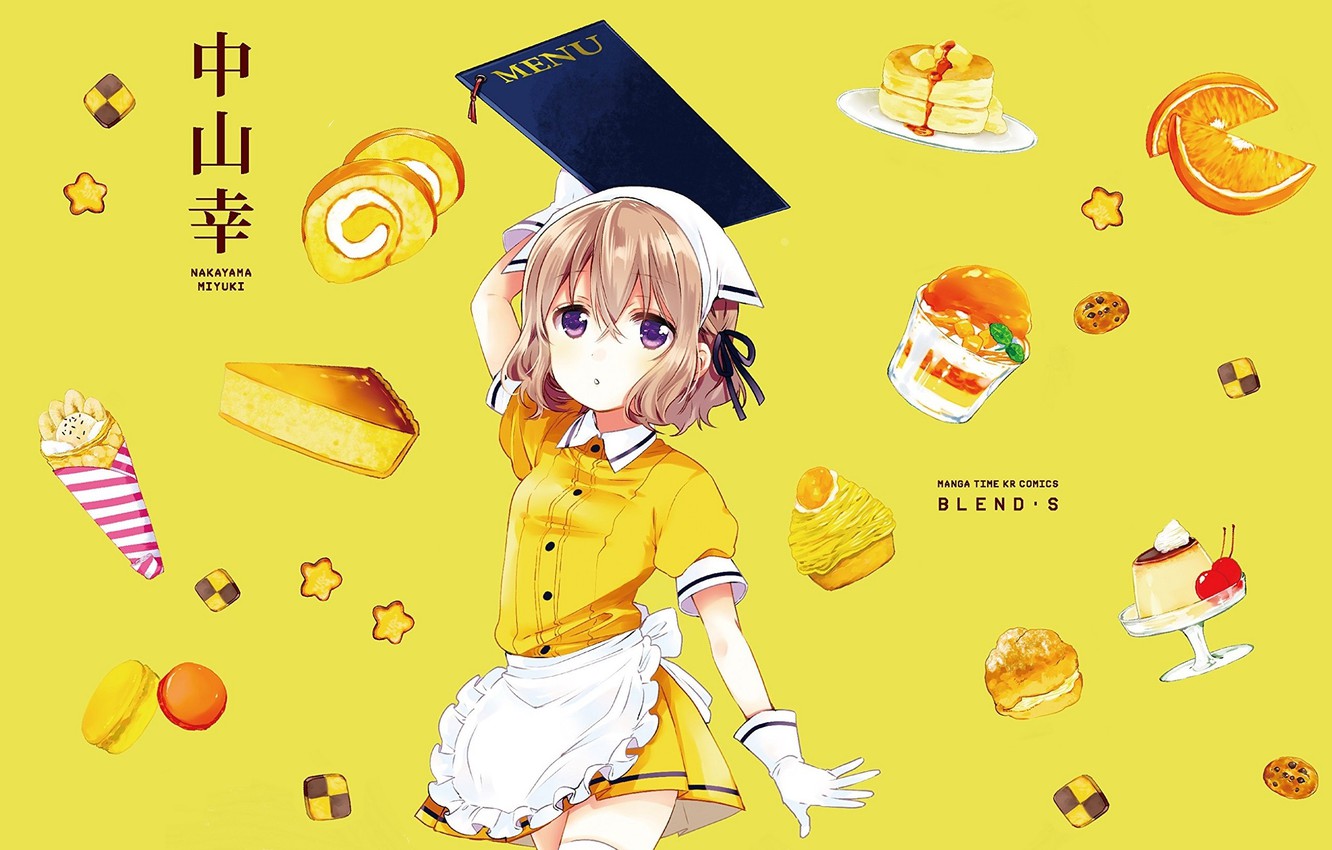 Wallpaper orange, sweets, gloves, the waitress, solitaire, yellow background, menu, cookies, apron, pudding, macaroni, roll, Blend S, a piece of cake, by Nakayama Miyuki, Mafuyu Hoshikawa image for desktop, section сёдзё