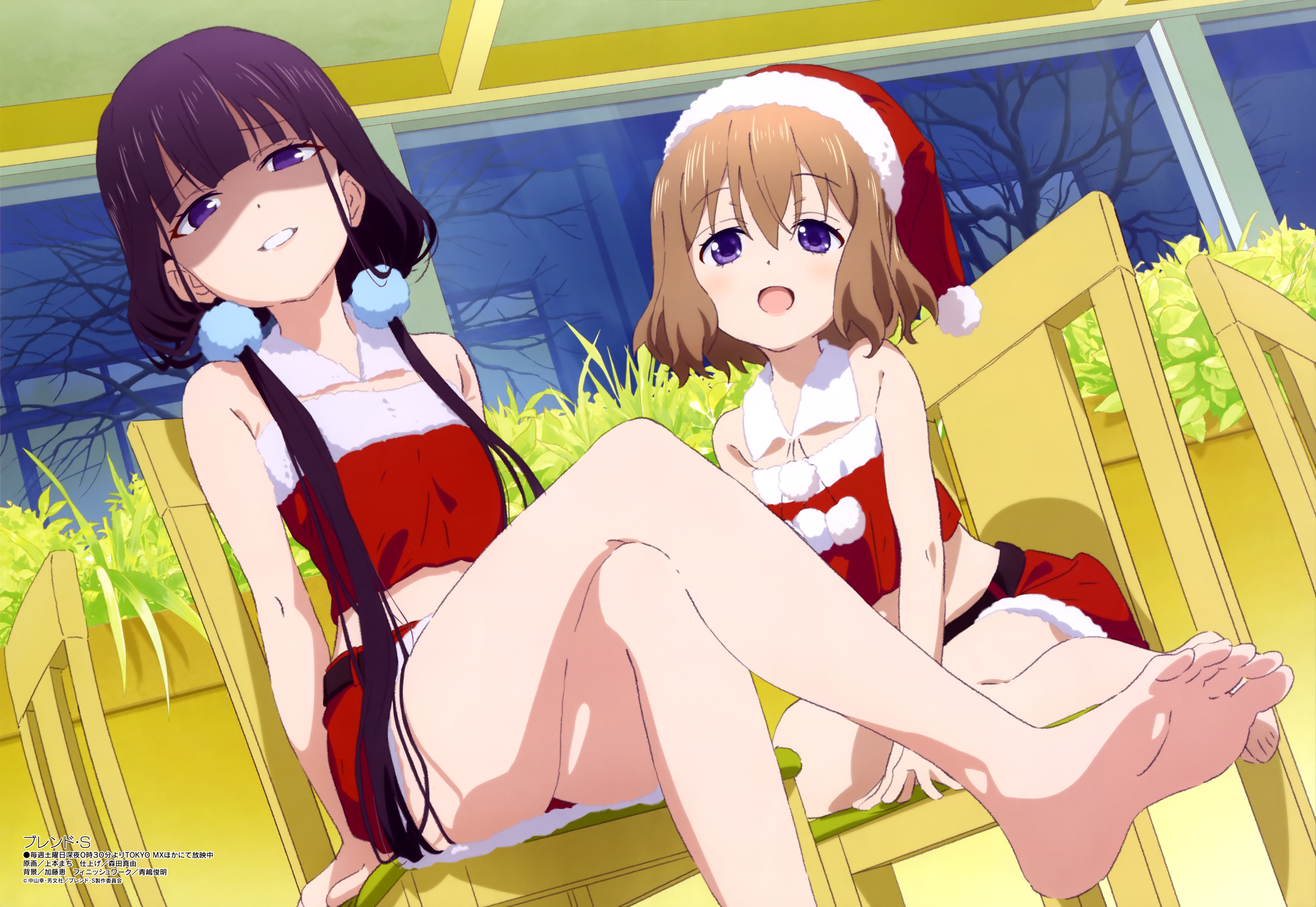 2girls barefoot black hair blend s brown hair christmas hat hoshikawa mafuyu long hair megami purple eyes sakuranomiya maika santa costume santa hat scan short hair skirt uemoto machi. konachan.com