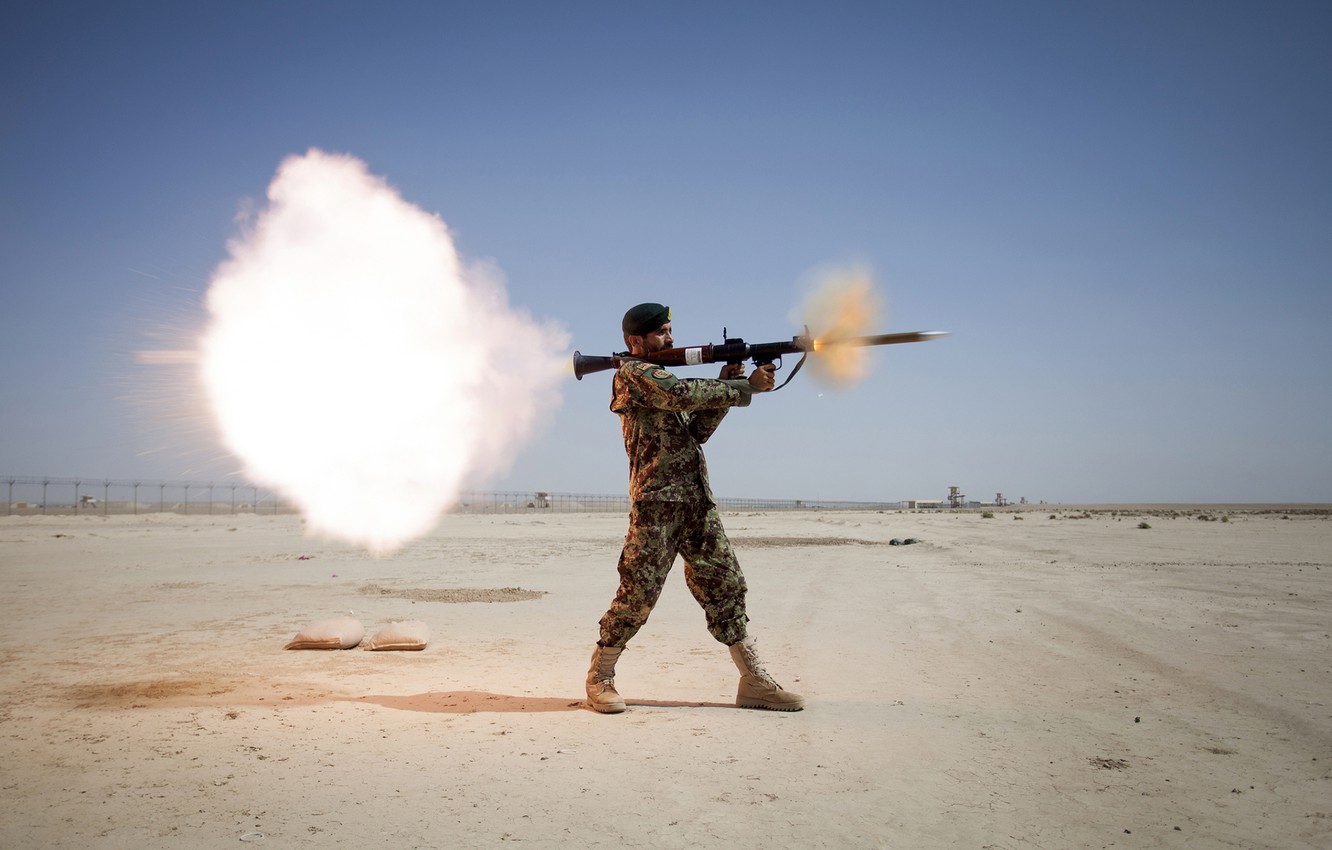 Wallpaper field, the sky, the explosion, weapons, soldiers, RPG, rocket launcher image for desktop, section оружие