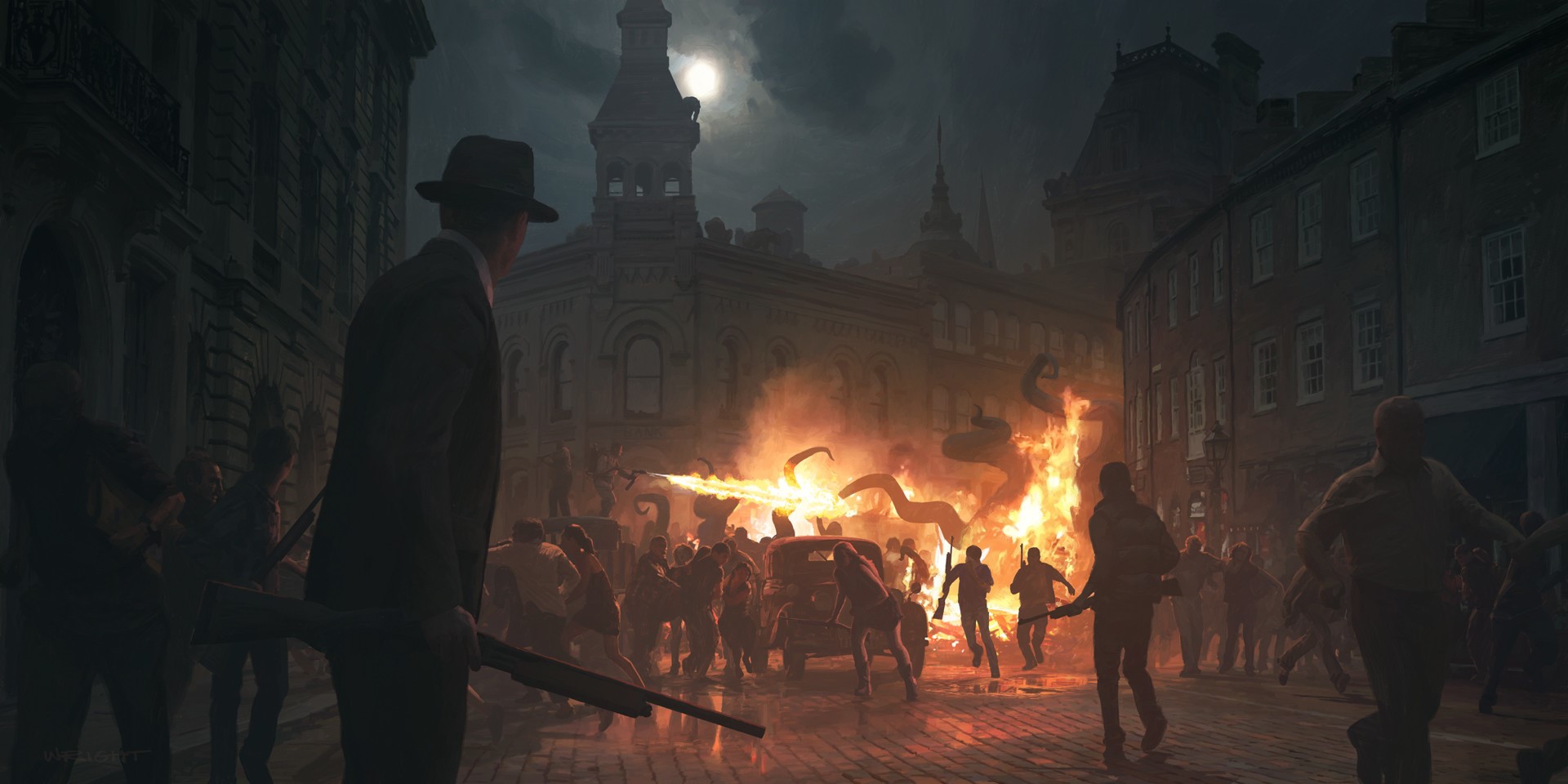 artwork, digital, tentacles, fire, Richard Wright, Flamethrower HD Wallpaper