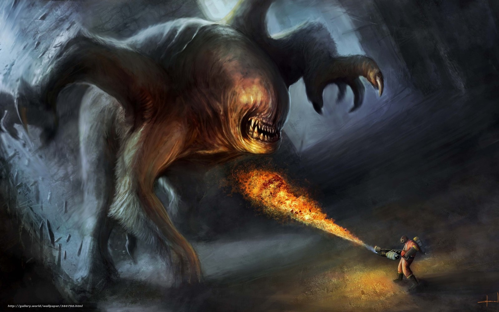 Download wallpaper Art, monster, man, flamethrower free desktop wallpaper in the resolution 1680x1050