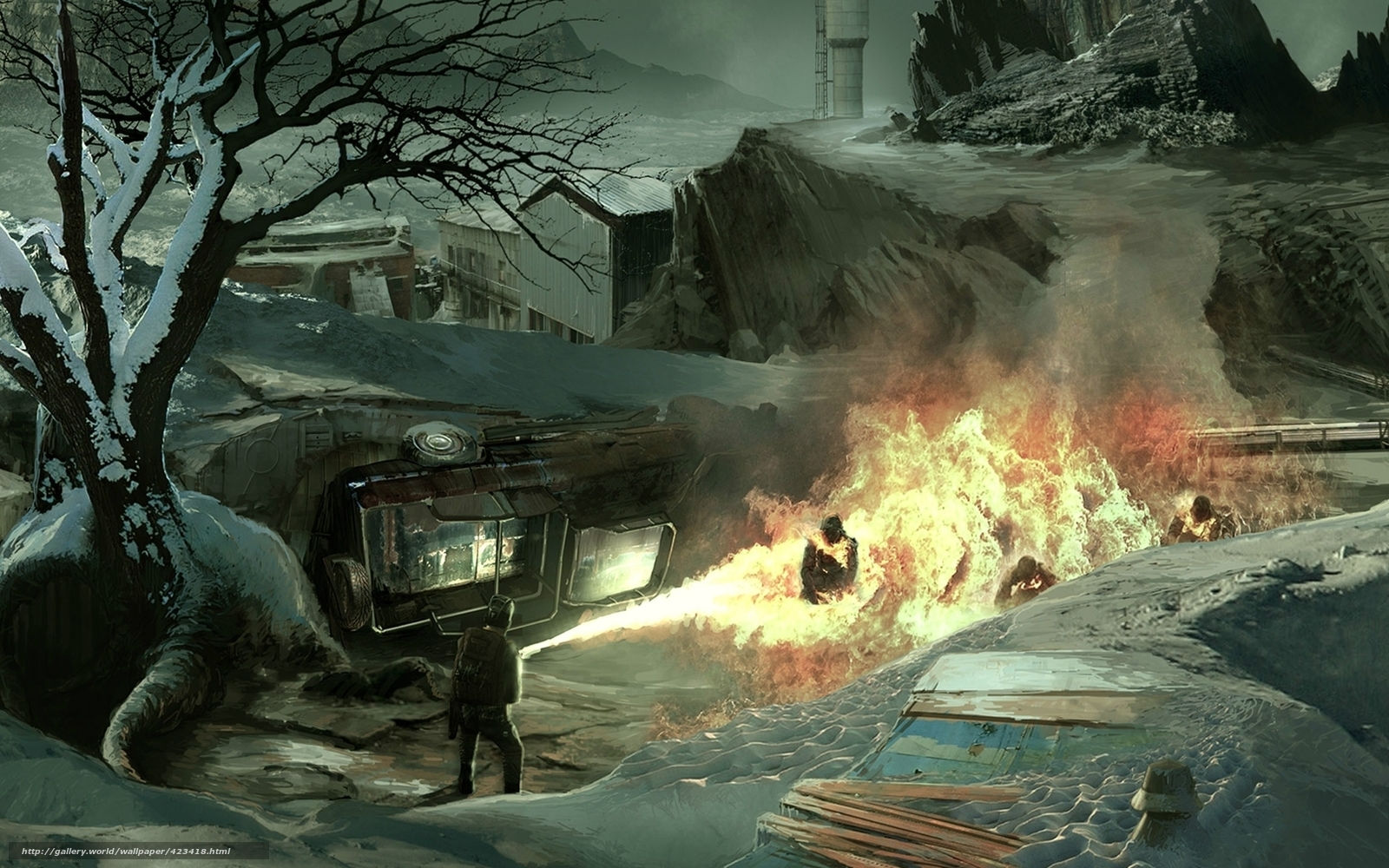Download wallpaper people, flamethrower, flame, snow free desktop wallpaper in the resolution 1680x1050