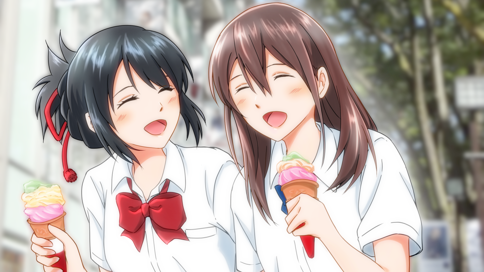 Wallpaper / Mitsuha Miyamizu, sakura yamauchi, Kimi no Na Wa, i want to eat your pancreas, crossover, anime, anime girls