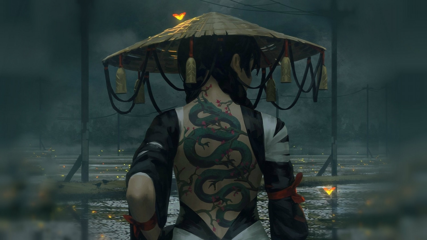 Download wallpaper girl, overcast, back, puddles, ninja, grey background, art, braids, tattoo dragon, straw hat, the Yakuza, Guweiz, section fantasy in resolution 1366x768