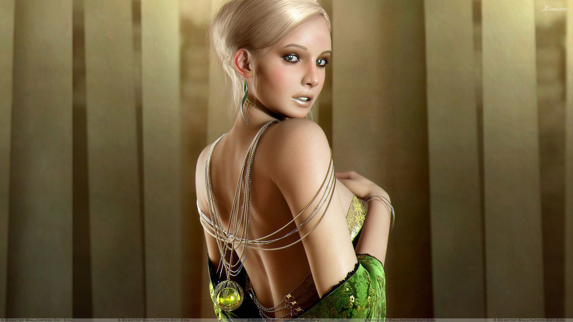 3D Girl Looking Back N Side Pose In Green Dress Wallpaper