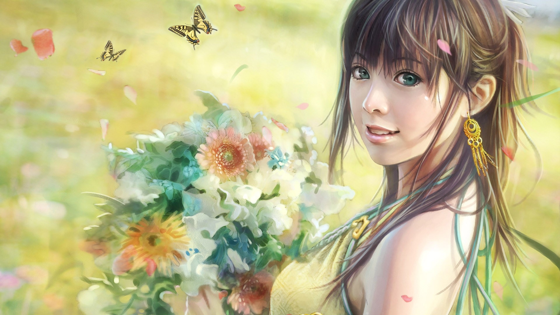 Download Wallpaper, Download 1920x1080 brunettes women fantasy flowers long hair spring fantasy art asians smiley face smiling artwork face Wallpaper –Free Wallpaper Download