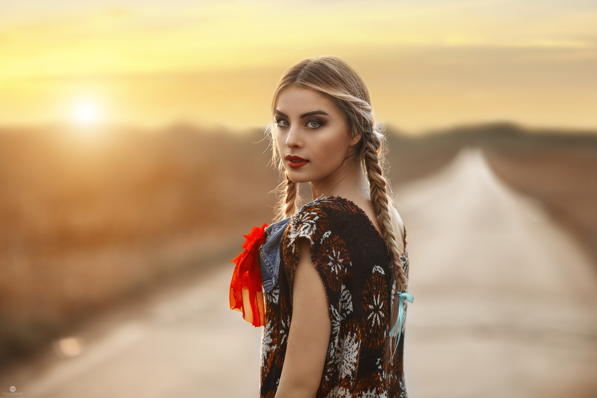 Wallpaper, women outdoors, blonde, sunset, road, dress, braids, fashion, spring, Person, skin, looking back, girl, beauty, season, eye, woman, lady, photograph, 2048x1365 px, portrait photography, photo shoot, brown hair, art model