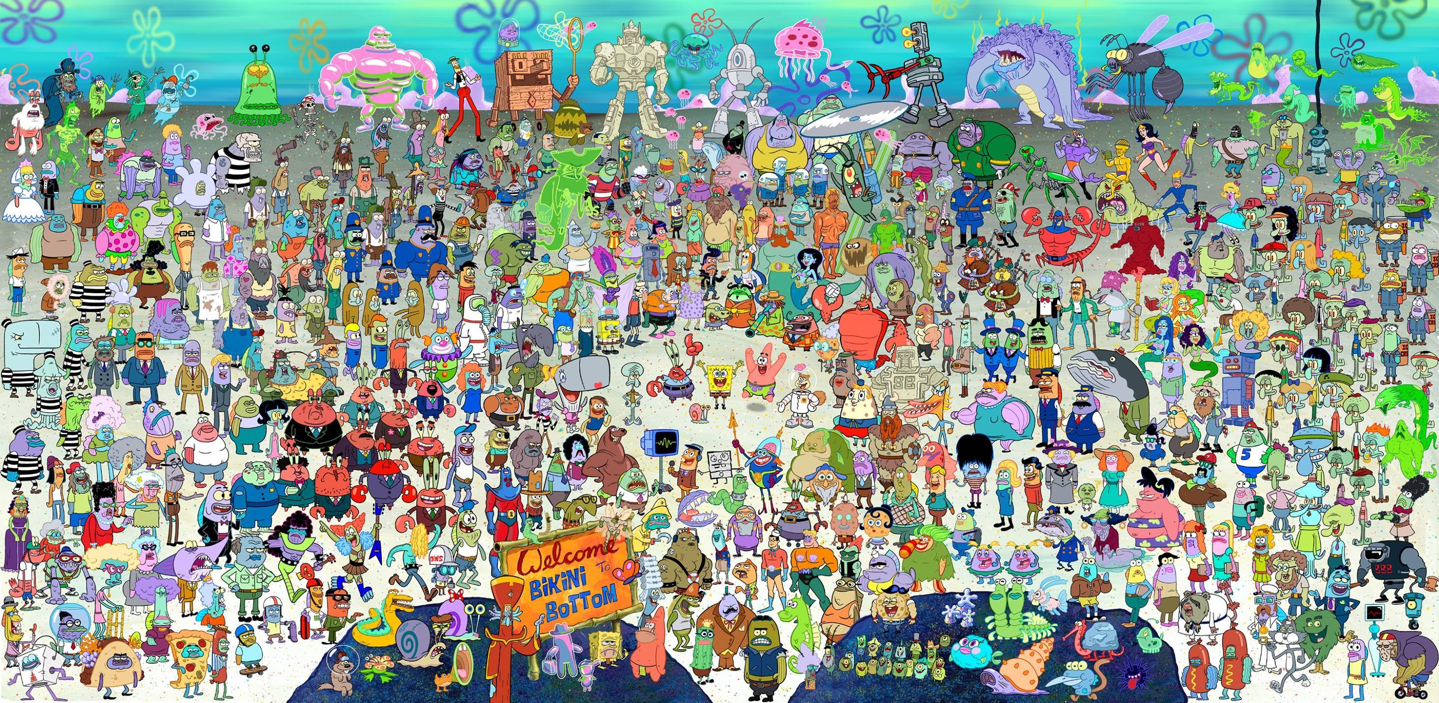 Wallpaper, people, collage, SpongeBob SquarePants, mural, ART, crowd, photomontage, child art 2928x1431
