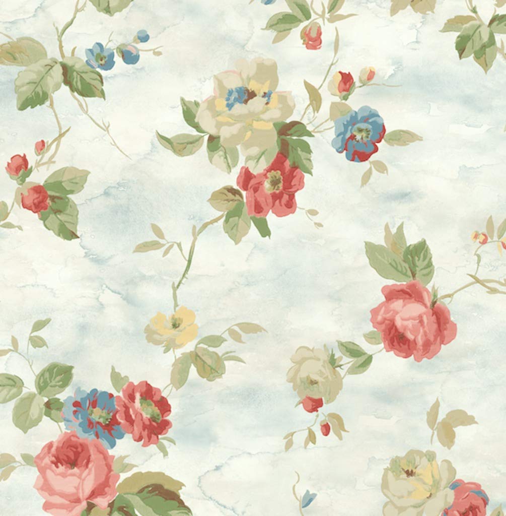 Victorian Floral Wallpaper Vintage Damask Flowers Roses Blossoms (Pale Blue, Pink, Green, Yellow)