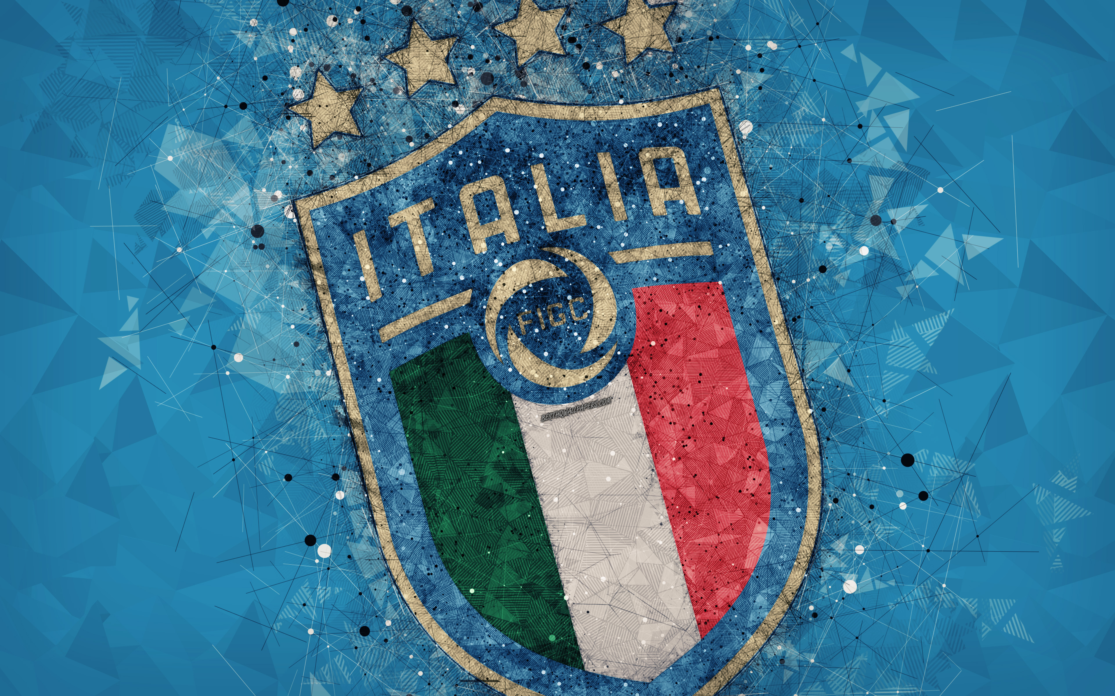 Download wallpaper Italy national football team, new logo, 4k, geometric art, logo, blue abstract background, UEFA, new emblem, Italy, football, grunge style, creative art for desktop with resolution 3840x2400. High Quality HD