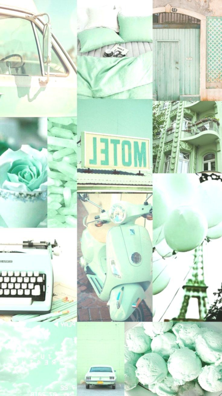 Wallpaper, background, collage, aesthetic, music, color, mint, green, paris -. Mint green aesthetic, Mint green wallpaper, Mint green wallpaper iphone
