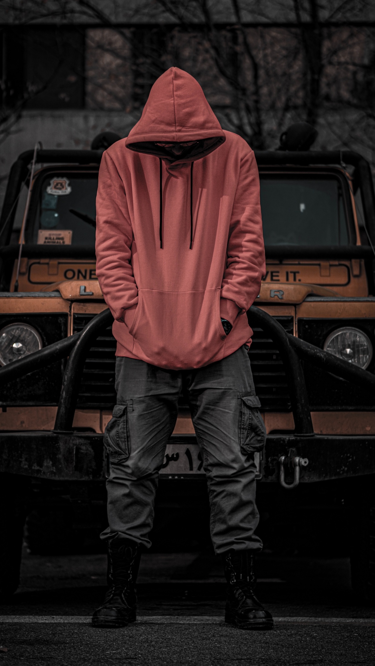 Red Hoodie Wallpaper 4K, Jeep, Standing, Men, Style, Sweatshirt, 5K, People