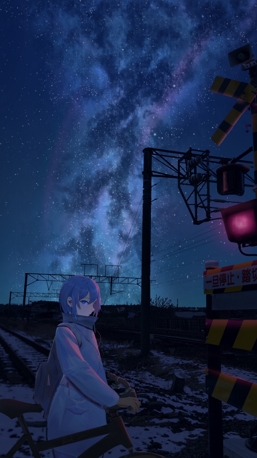 Download 1080x1920 Anime Girl, Stars, Night, Scenic, Railway, Earphones Wallpaper for iPhone iPhone 7 Plus, iPhone 6+, Sony Xperia Z, HTC One