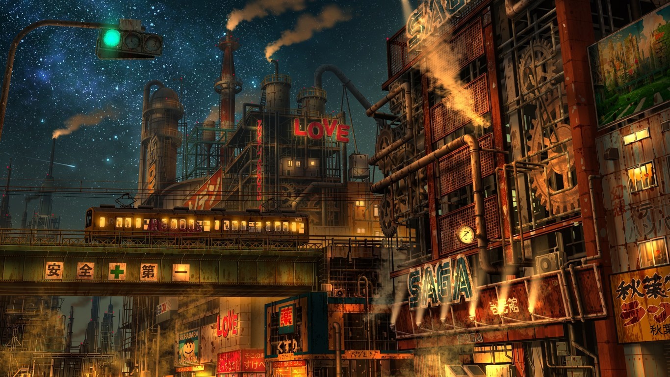 Download 1366x768 Anime Industrial City, Night, Street, Train, Crescent Wallpaper for Laptop, Notebook