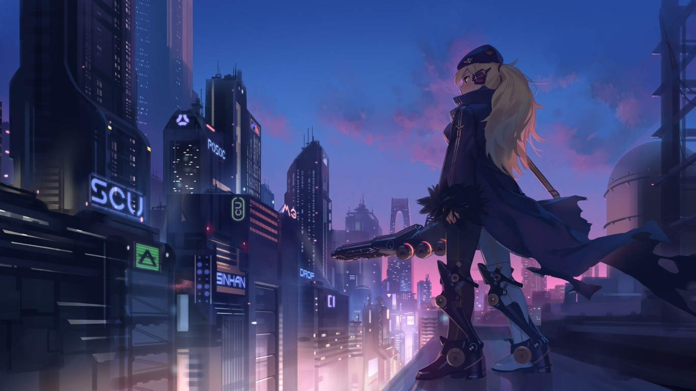 Download 1366x768 Futuristic Anime City, Cyberpunk, Anime Girl, Skyscrapers Wallpaper for Laptop, Notebook