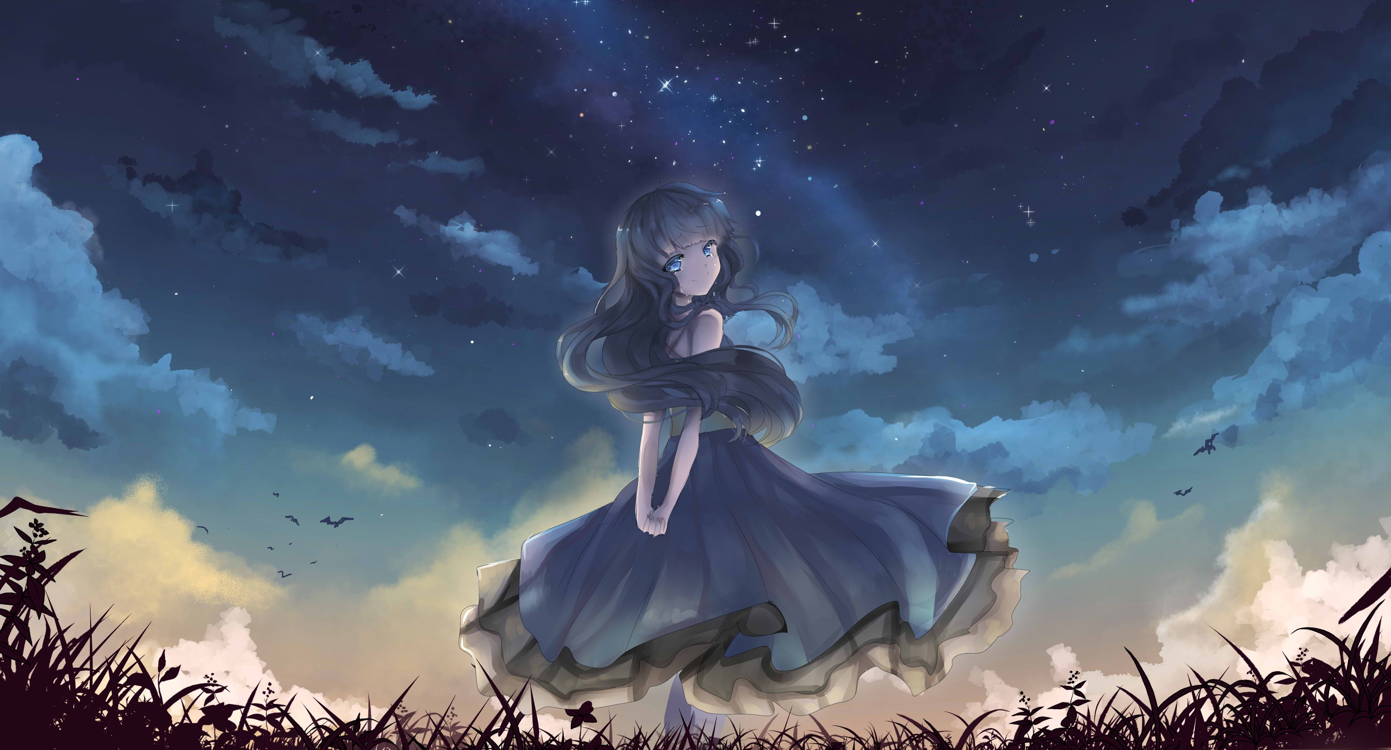night blue dress anime girls K #wallpaper #hdwallpaper #desktop. Anime scenery wallpaper, Sky anime, Anime wallpaper