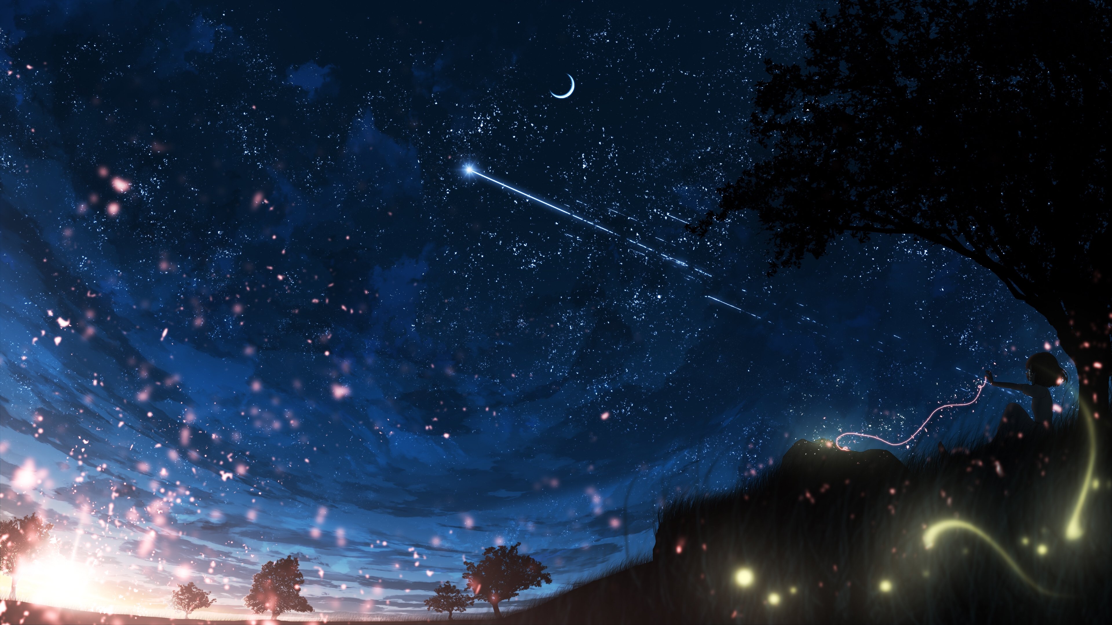 Download 3840x2160 Anime Landscape, Crescent, Night, Falling Star, Anime Girl, Scenic Wallpaper for UHD TV