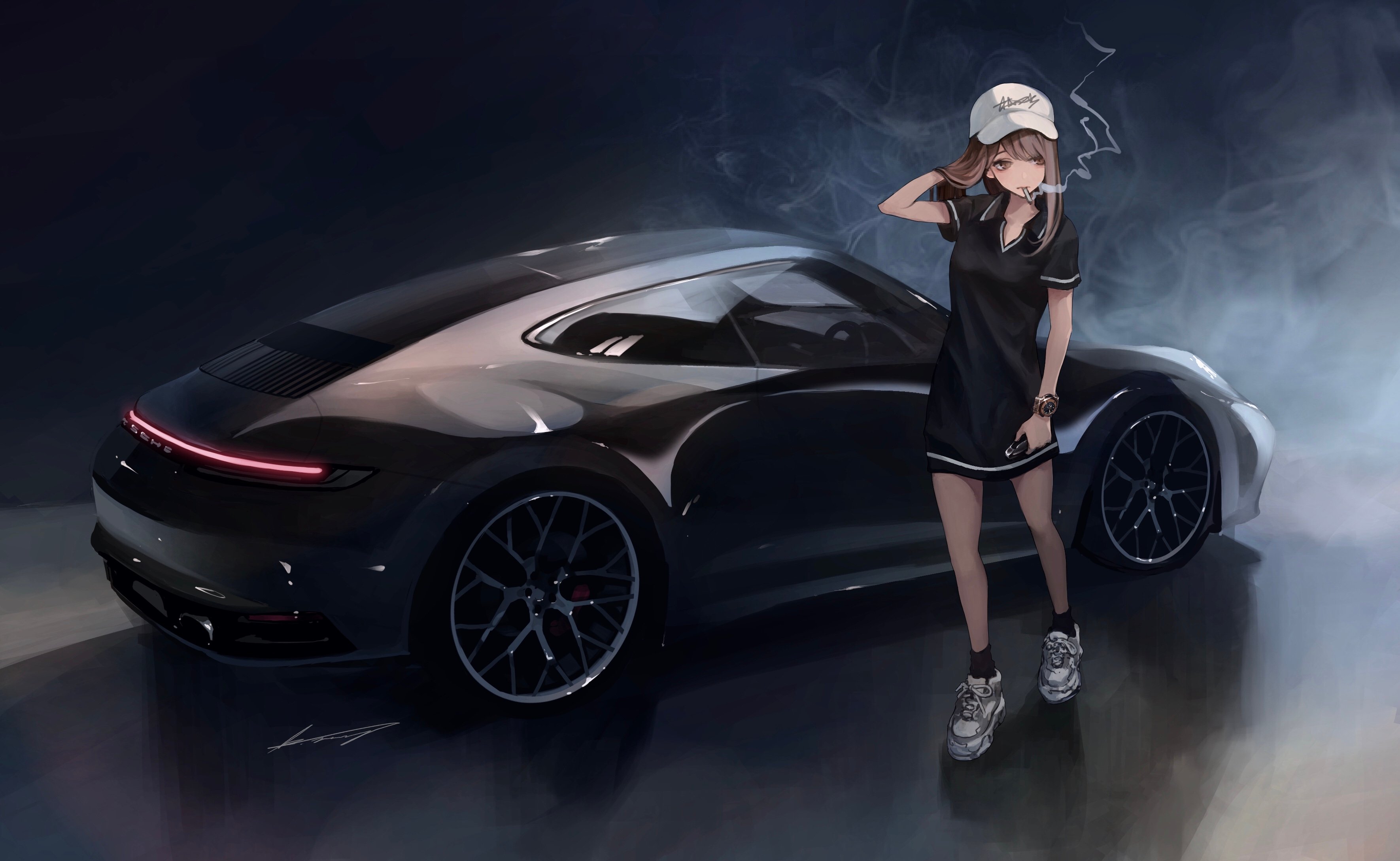 Anime Girl Porsche Smoking 4k, HD Anime, 4k Wallpaper, Image, Background, Photo and Picture