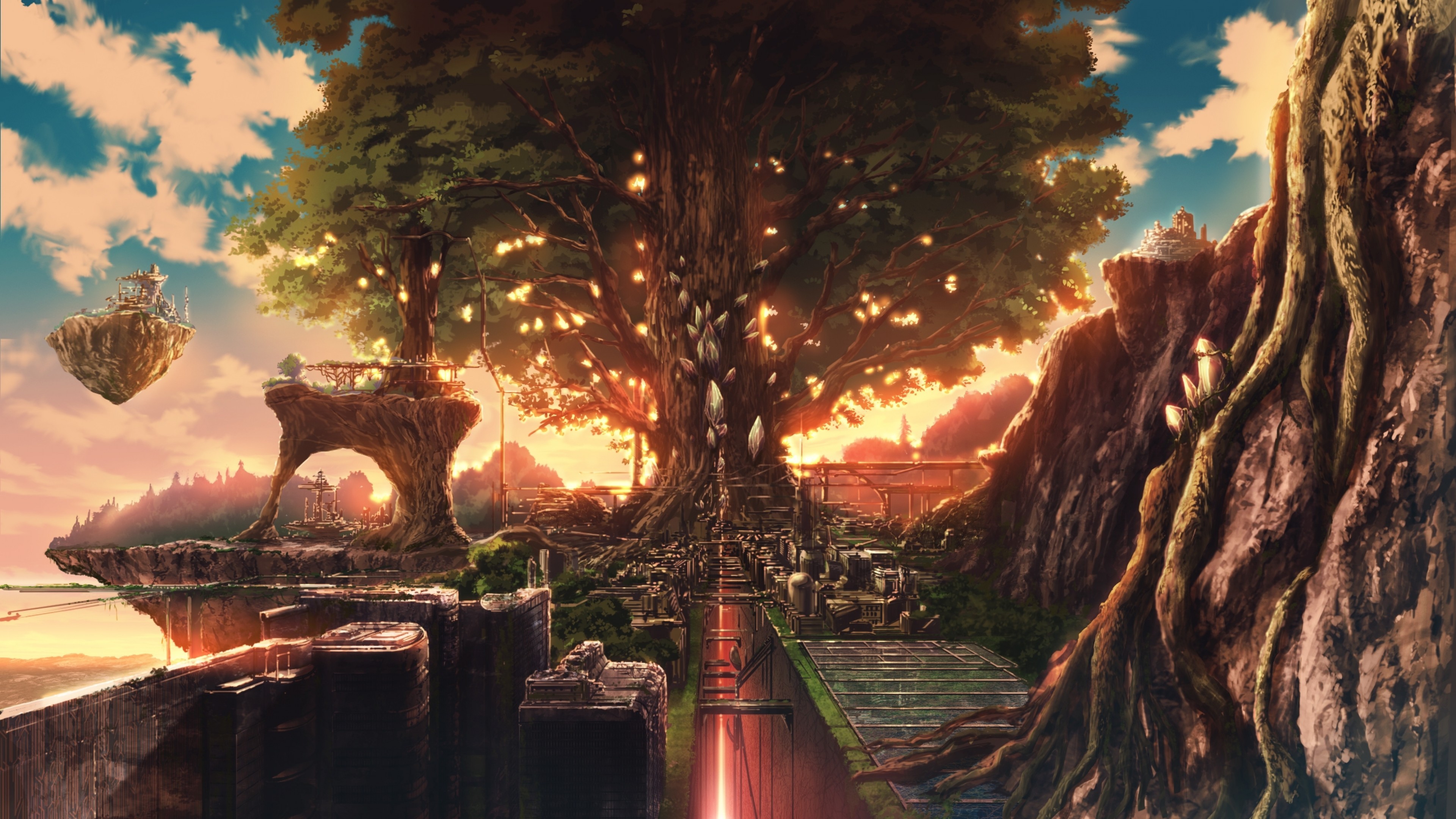 Download 3840x2160 Giant Tree, Anime Fantasy World, Floating Islands, Clouds, Sunset Wallpaper for UHD TV