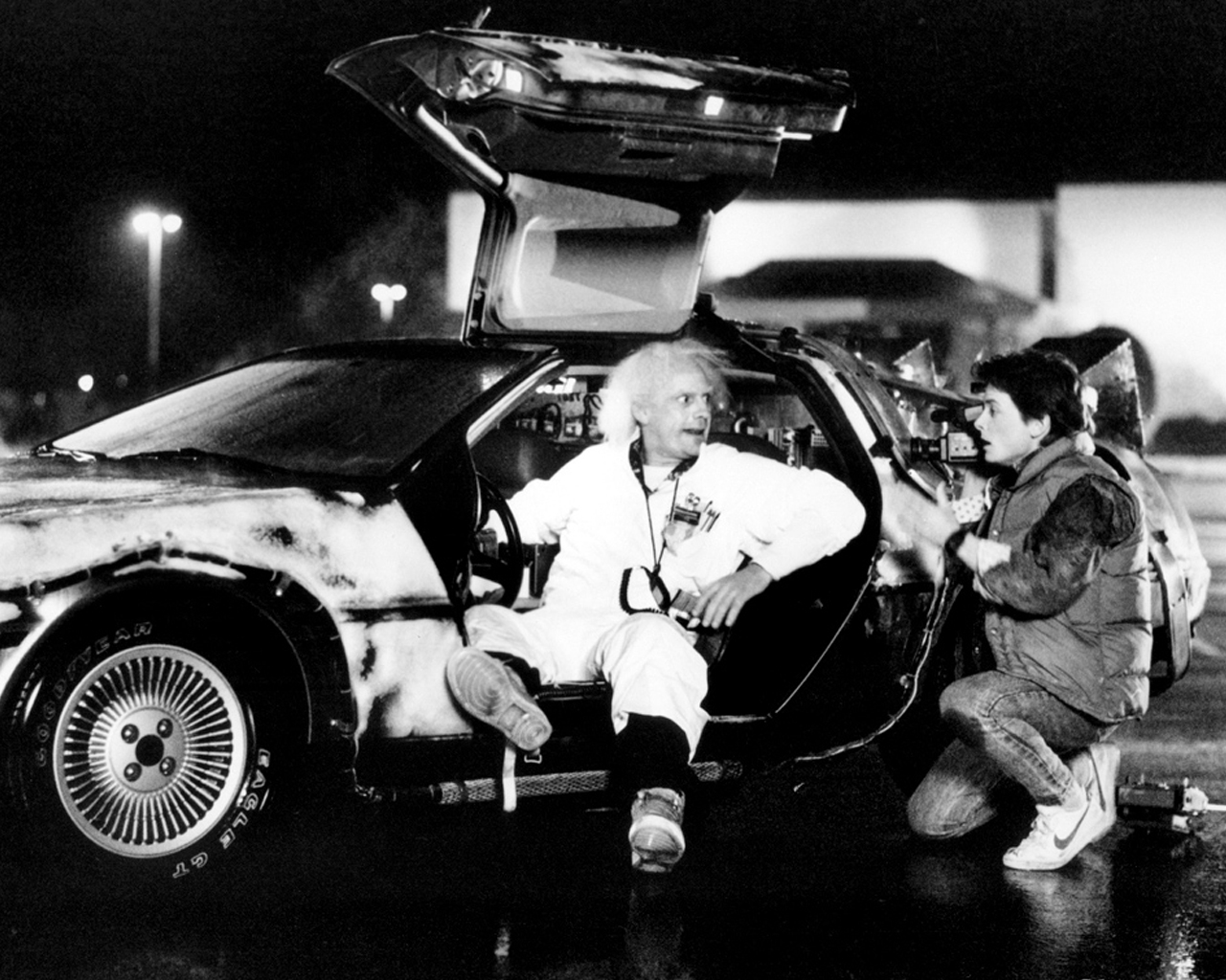 back to the future time machine grayscale doc brown michael j fox marty mcfly delorean dmc12 chris High Quality Wallpaper, High Definition Wallpaper