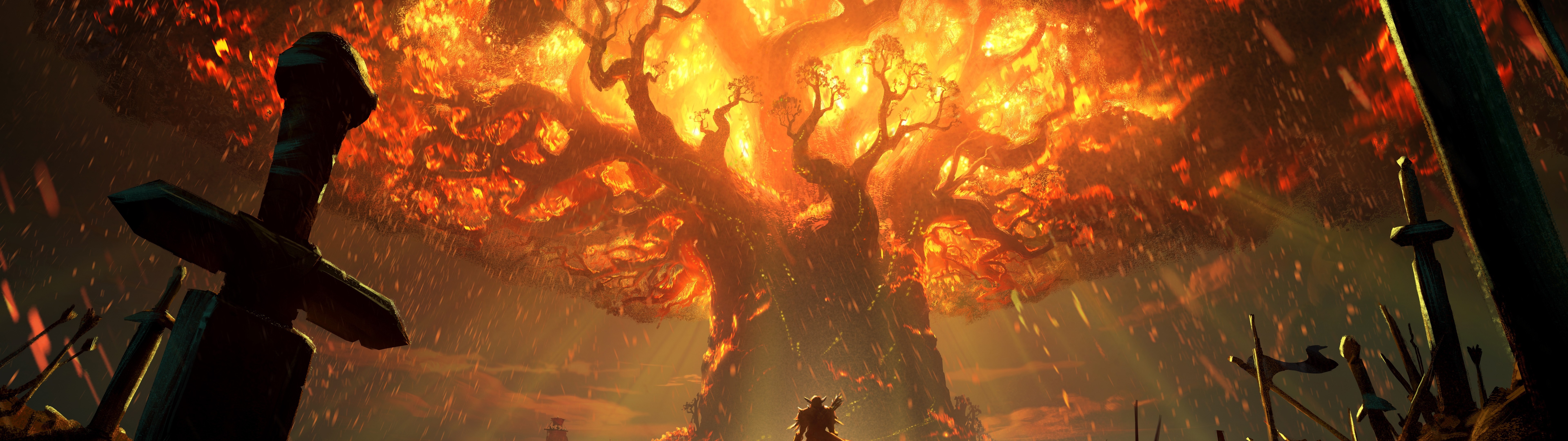 Download 7680x2160 World Of Warcraft: Battle For Azeroth, Burning Tree, Sword, Artwork Wallpaper