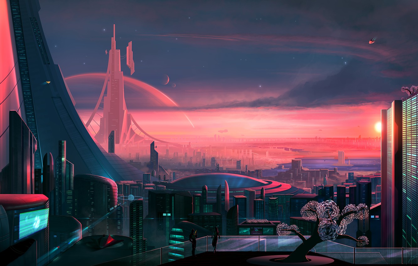 Wallpaper Sunset, The city, Future, Building, City, Fantasy, Landscape, Architecture, Art, Fiction, Antares, Science Fiction, Josef Bartoň, by Josef Bartoň image for desktop, section фантастика