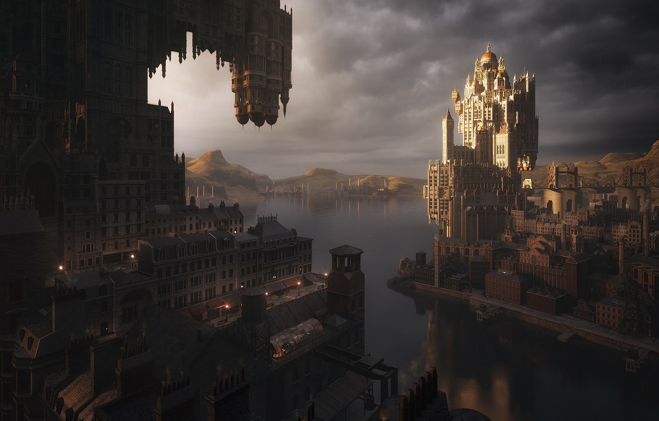 Wallpaper The city, River, Building, City, Fantasy, Landscape, Architecture, River, Fiction, Concept Art, Environments, Kitbash3D, by Mike Golden, Mike Golden, Victorian Towers image for desktop, section рендеринг