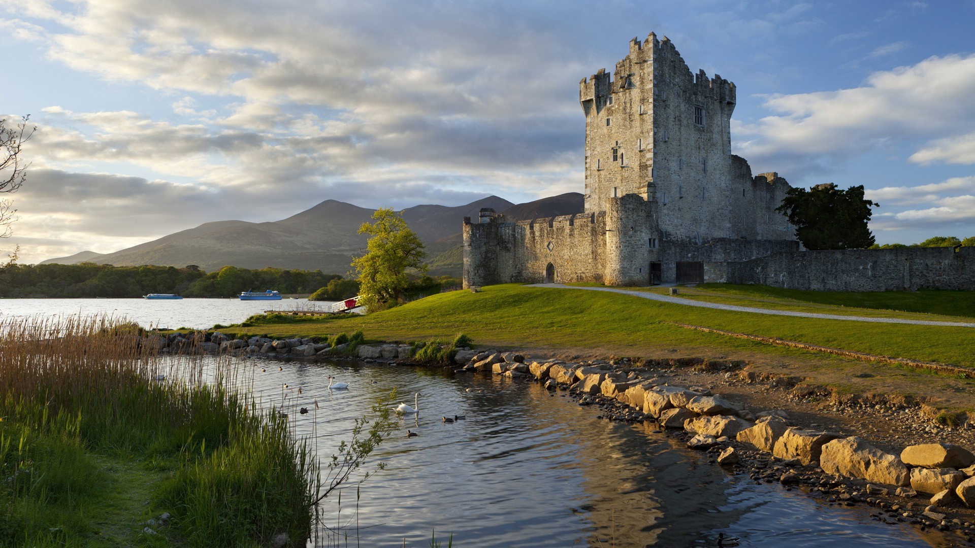 nature, Landscape, Architecture, Castle, Tower, Water, Clouds, Trees, Ireland, Hill, Grass, Path, Stones, River, Lake, Ship, Swans, Forest, Bricks, Walls Wallpaper HD / Desktop and Mobile Background