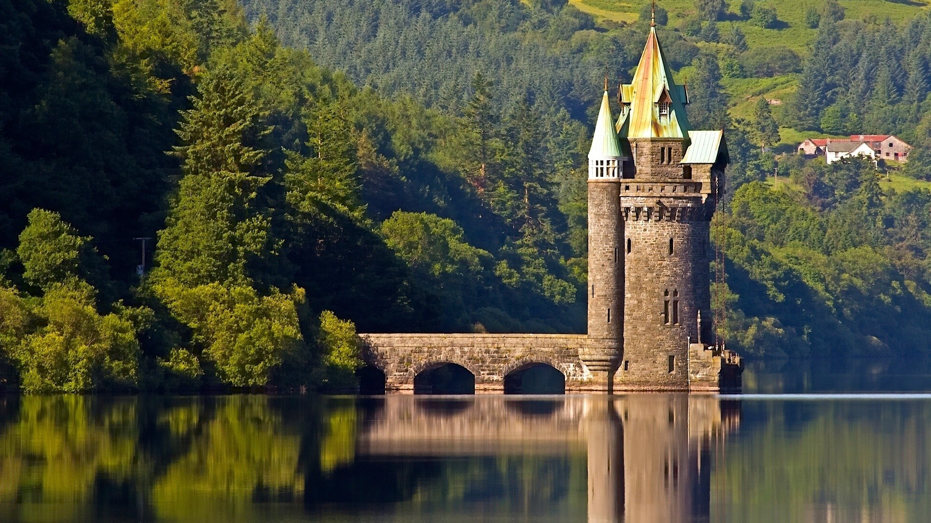 nature, Landscape, Architecture, UK, Hill, Sky, Clouds, Trees, Forest, Vyrnwy Tower, Wales, Castle, Bridge, House, Water, Lake, Reflection, Ancient Wallpaper HD / Desktop and Mobile Background