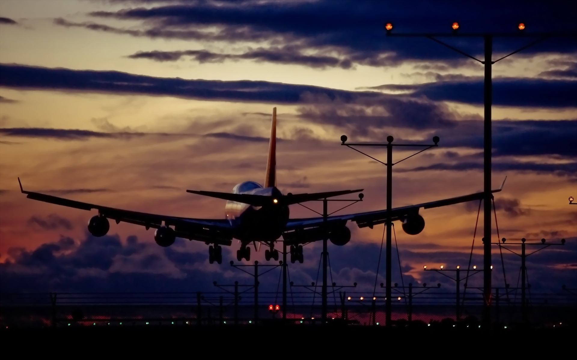 Wallpaper, sunset, night, sky, vehicle, airplane, aircraft, sunrise, evening, morning, dusk, landing, Flight, light, dawn, plane, aviation, airline, atmosphere of earth, airliner, taking off 1920x1200