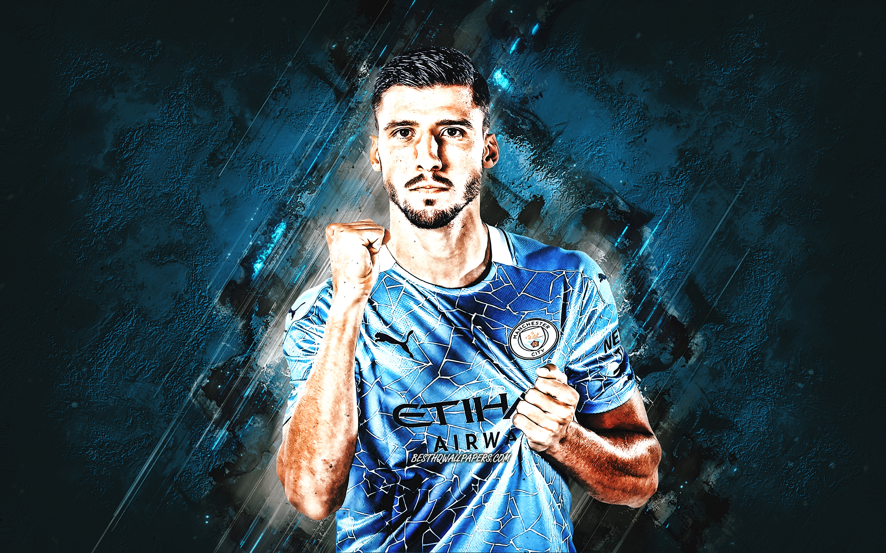 Download wallpaper Ruben Dias, Manchester City FC, Portuguese footballer, portrait, blue stone background, football for desktop with resolution 2880x1800. High Quality HD picture wallpaper
