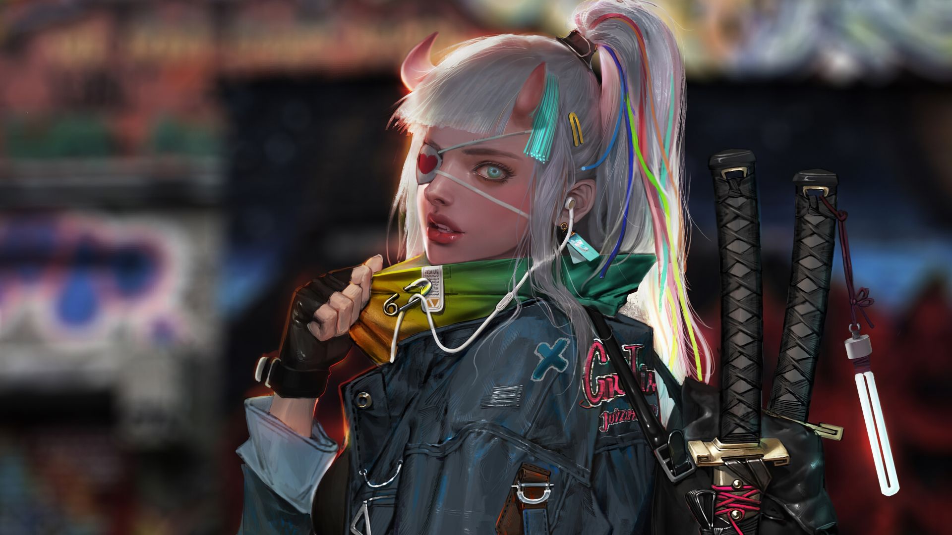 Desktop wallpaper devil girl, cyberpunk, girl warrior, art, HD image, picture, background, 7953D6