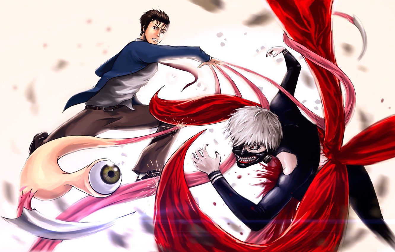 Wallpaper game, monster, alien, anime, crossover, fight, eye, manga, japanese, Tokyo Ghoul, The kanek, Parasyte, Kiseijuu Sei No Kakuritsu image for desktop, section сэйнэн