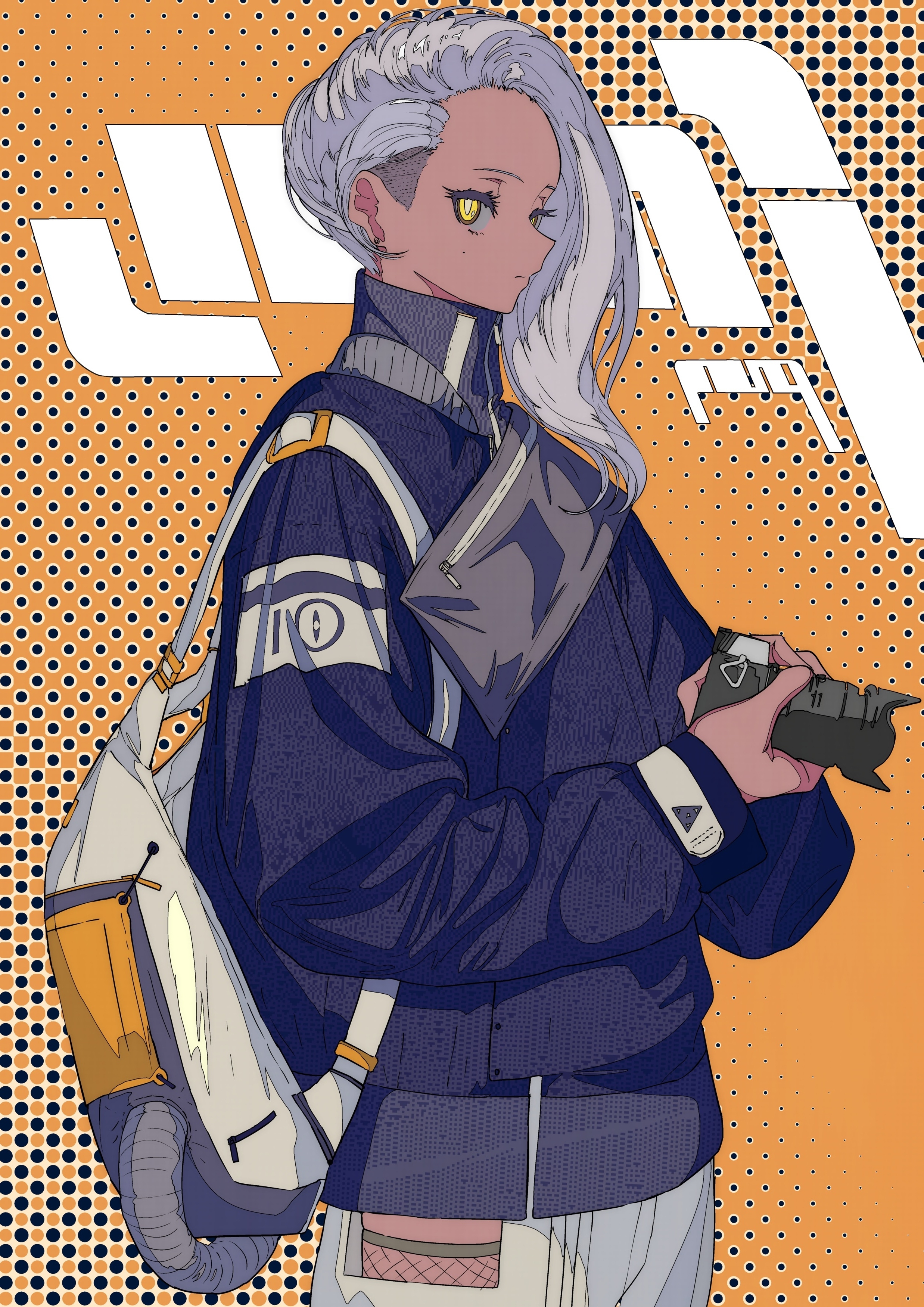 Wallpaper Backpack, Profile View, Camera, Jacket, Anime Girl, White Hair:2475x3500