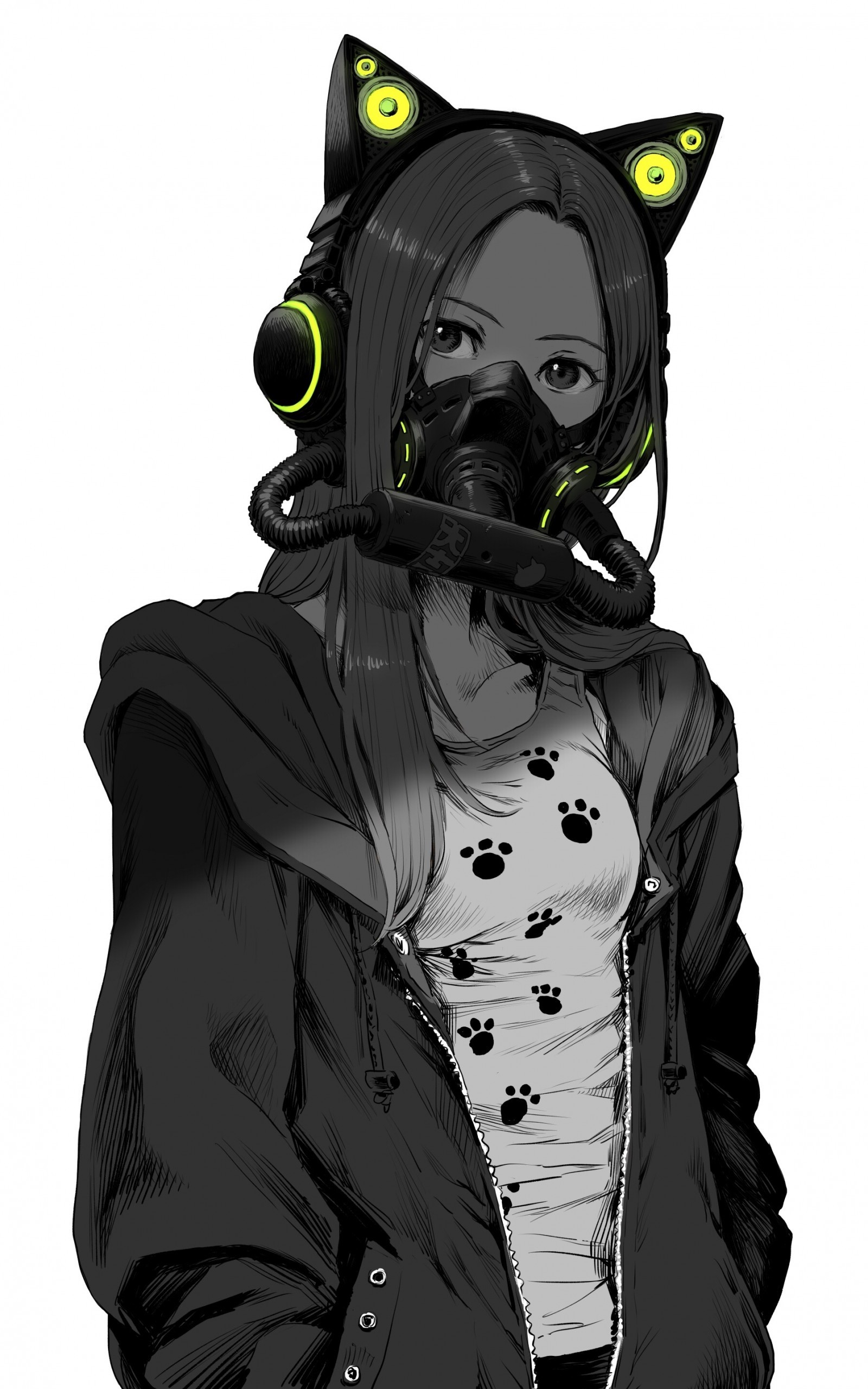 Anime Girl, Mask, Jacket, Black And White, Manga Style HD Wallpaper