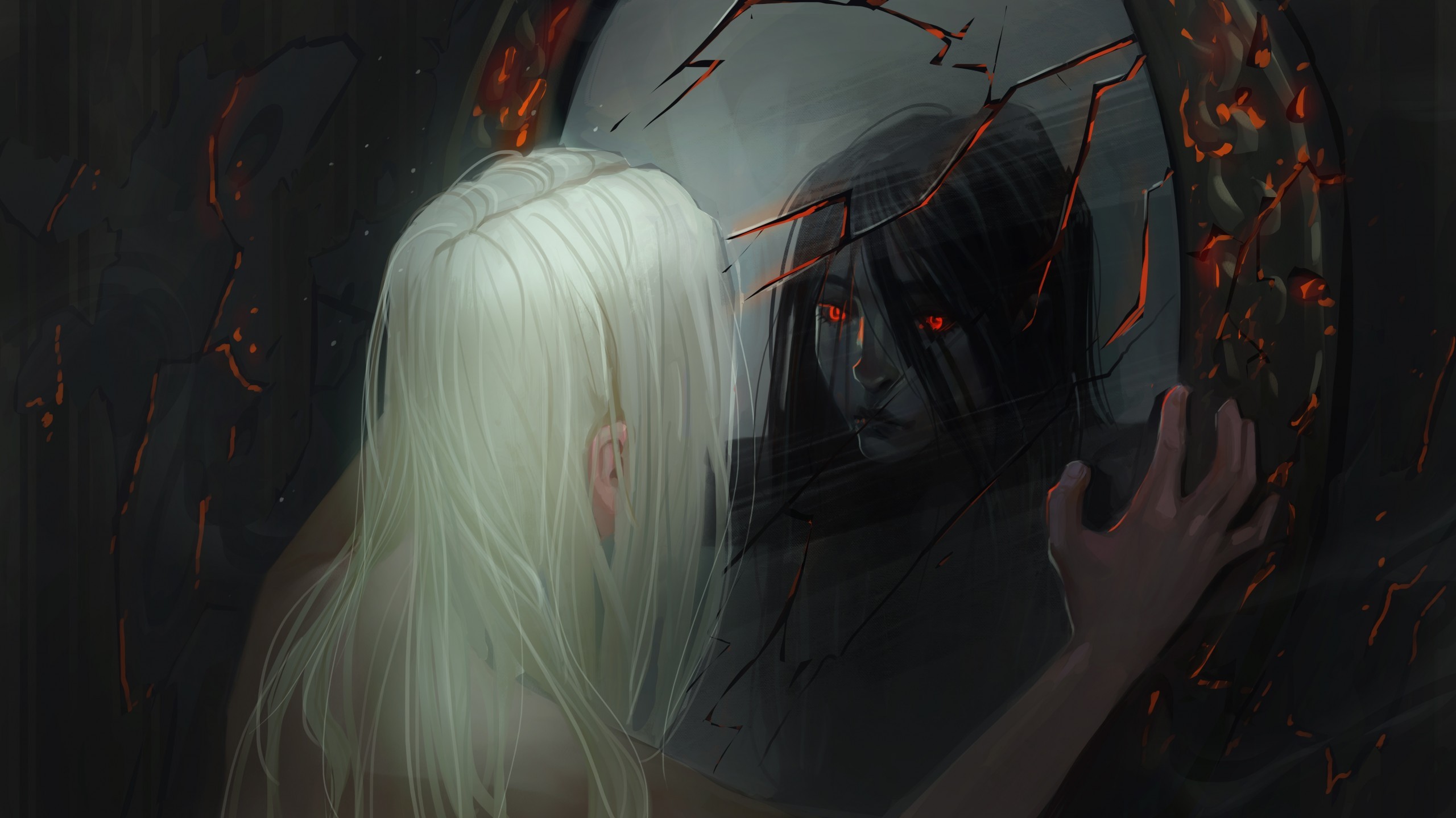 Download 2560x1440 Fantasy Women, Mirror, Dark, Reflection Wallpaper for iMac 27 inch